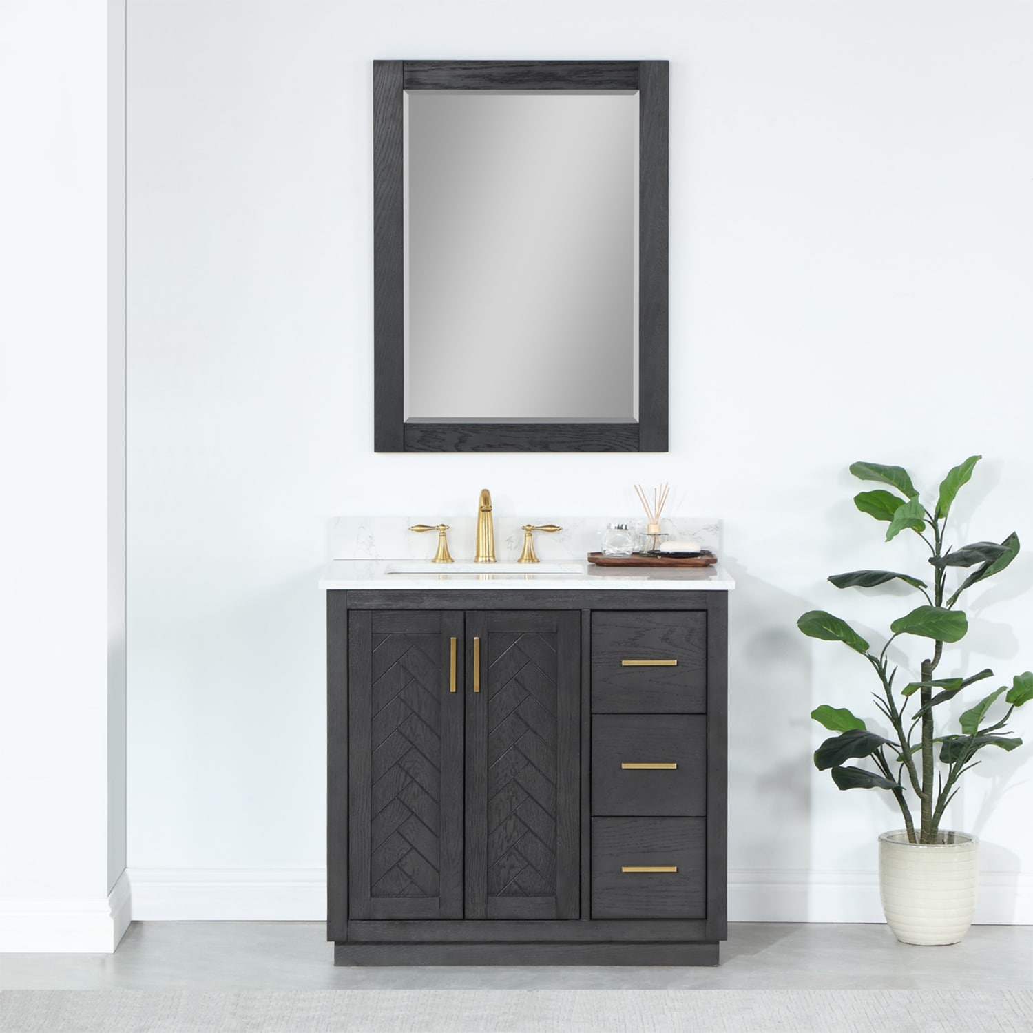 Altair 543036-BN-GW Gazsi 36-in Brown Oak Undermount Single sink Bathroom Vanity with Grain White Engineered marble Top (Mirror Included)