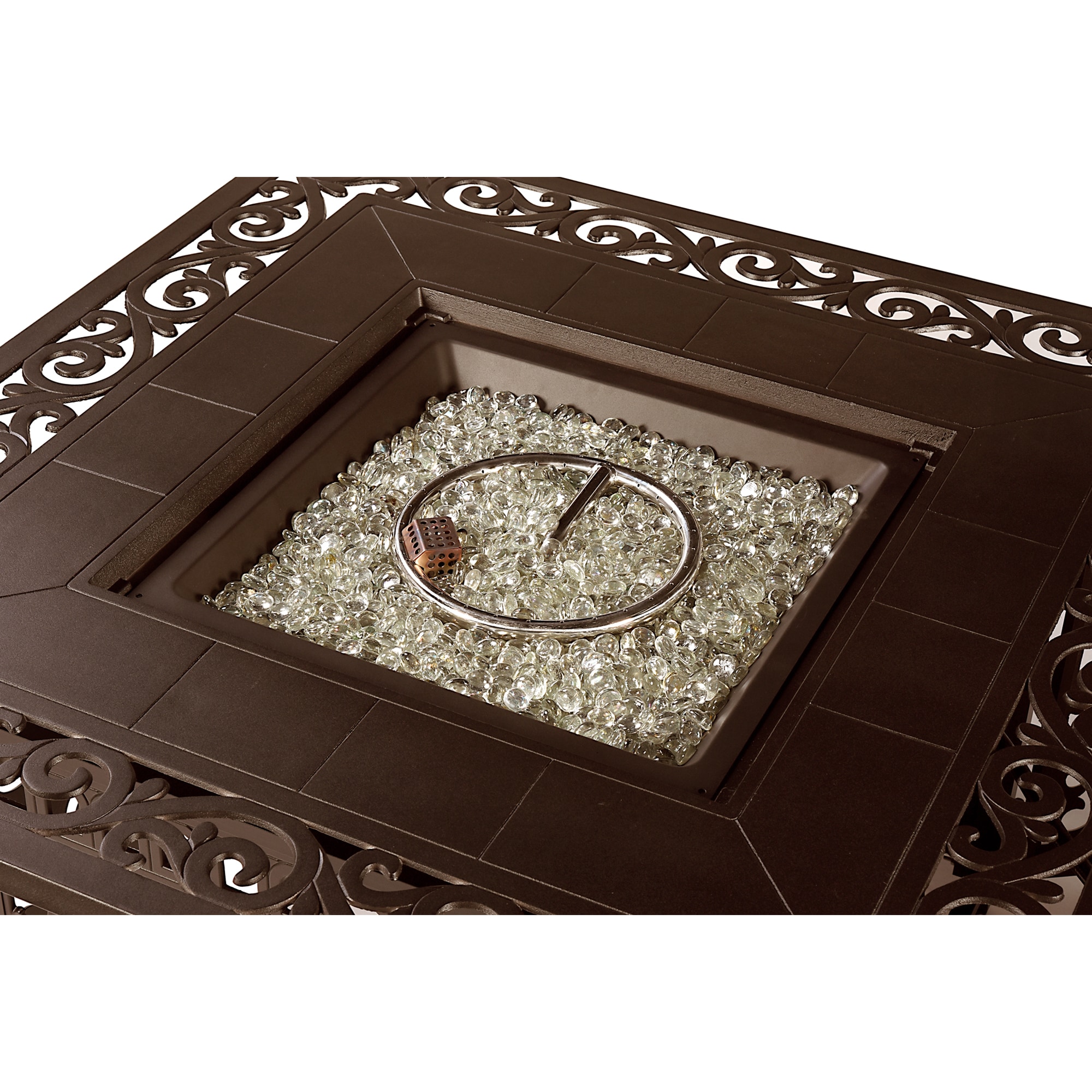 Brown Aluminum Square Gas Fire Pit Table with Glass Beads