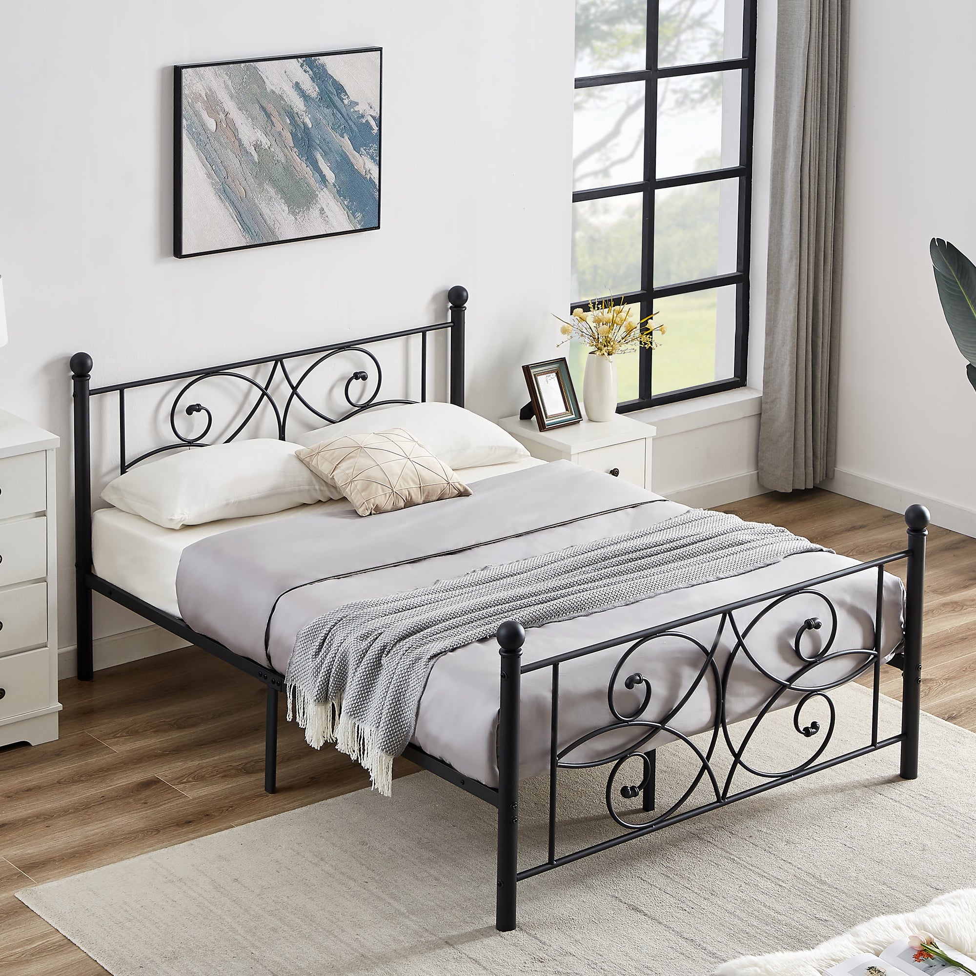 Vecelo LOE-YT-F19 Full Size Bed Frame with Headboard Heavy Duty Platform with Metal Support Slats Strong Mattress Foundation Black