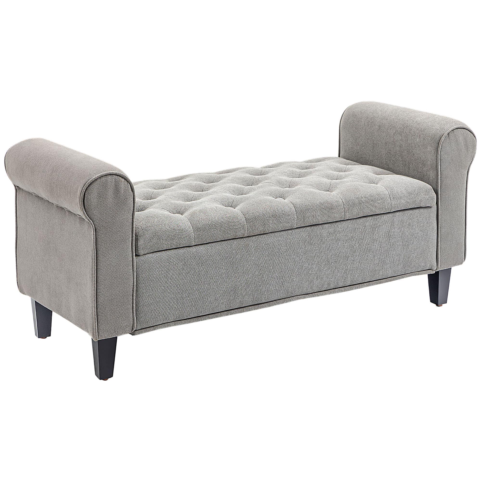 Ama Pear 50 Inch Button Tufted Storage Ottoman Bench Rolled Arms Wood Legs for Living Room Bedroom Gray
