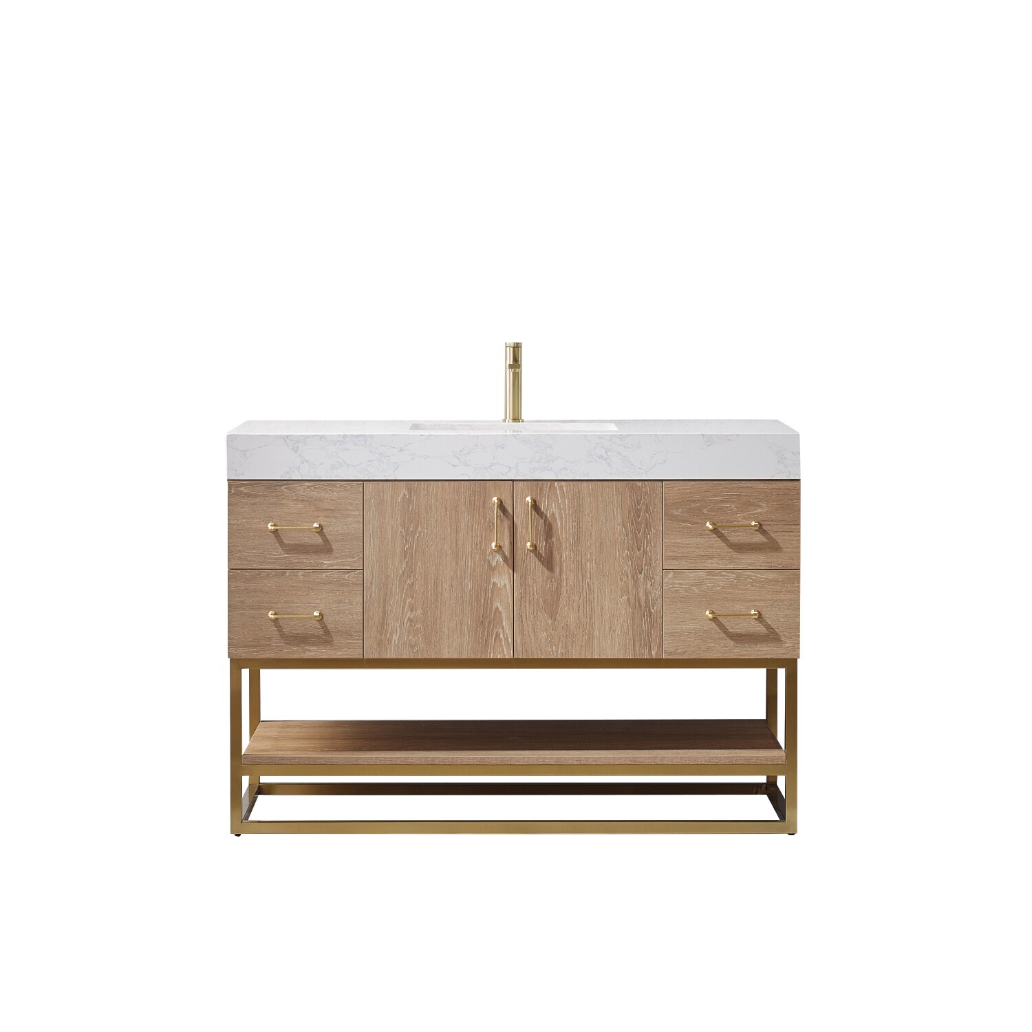 48 Inch Oak Single Vanity with White Stone Top and Brushed Gold Trim