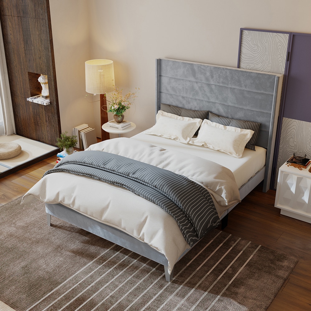 Homsee C-KF581011-01 Modern Queen Upholstered Bed with High Headboard Grey Fabric and Wood Slats No Box Spring 83.5''L x 63.8''W x 55.3''H
