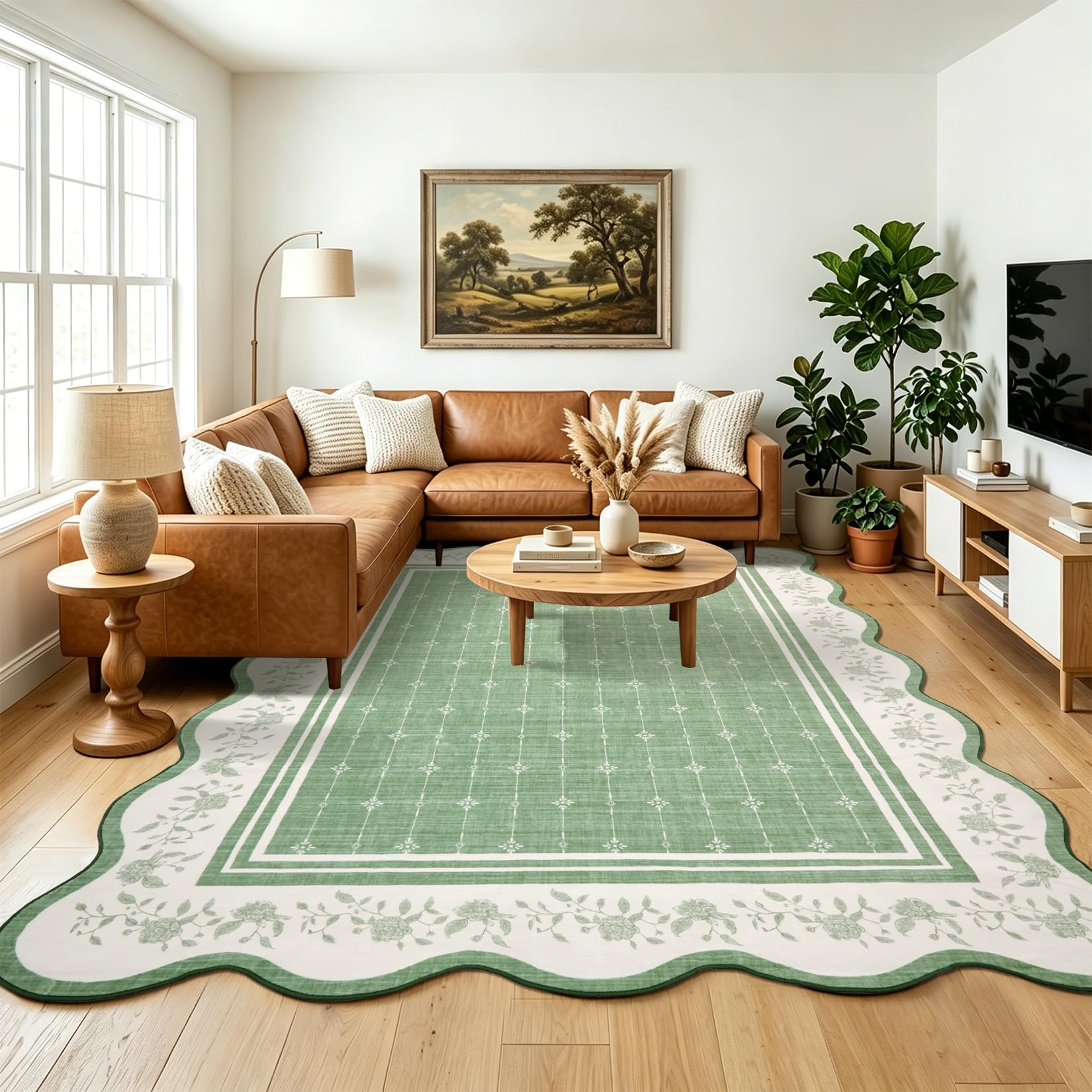 Garvee - 9 x 12 ft Green Washable Scalloped Area Rug for Living Room Floral Bordered Non Slip Lar...