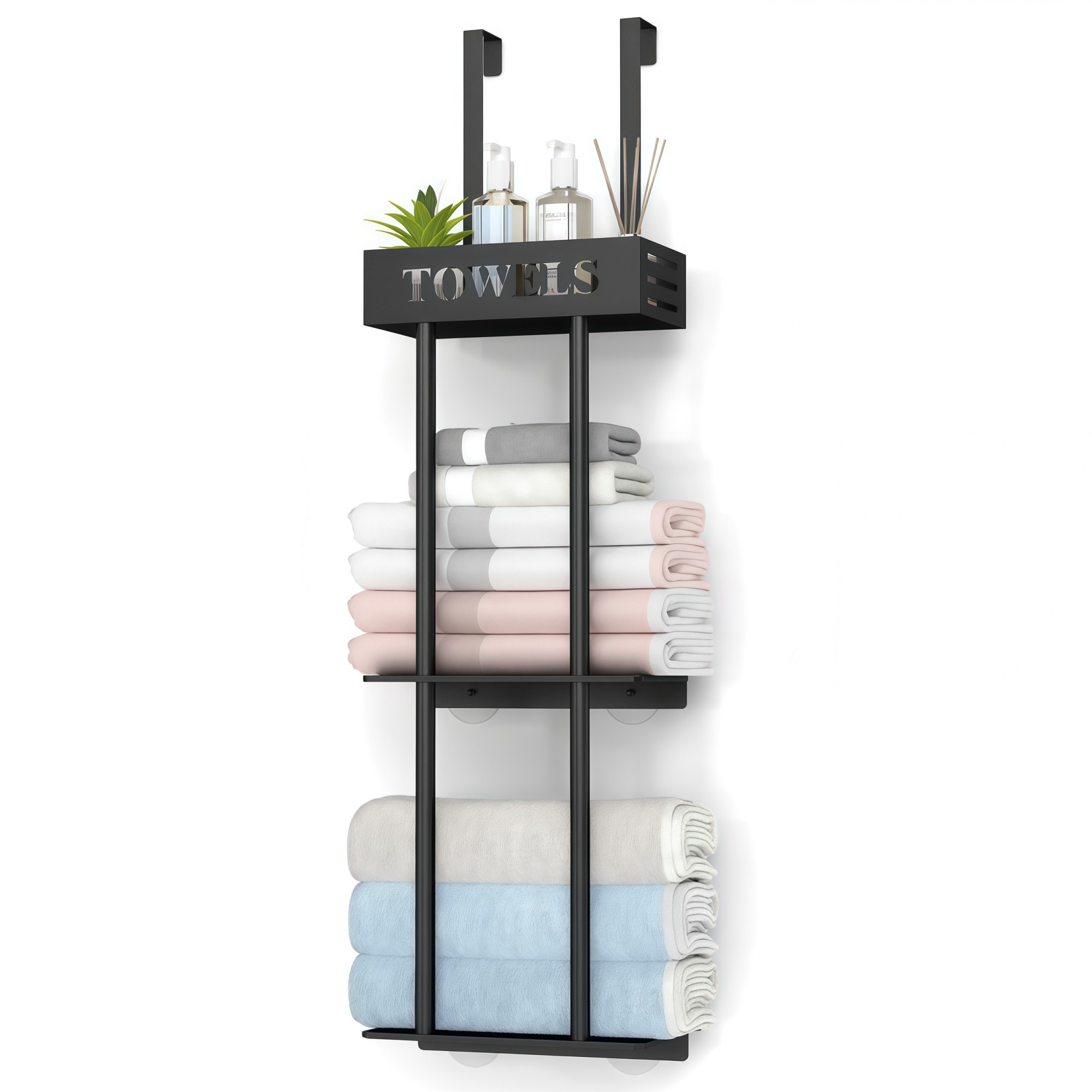 Numhew 17in W 3-Tier Black Over The Door Towel Rack With Shelf Basket
