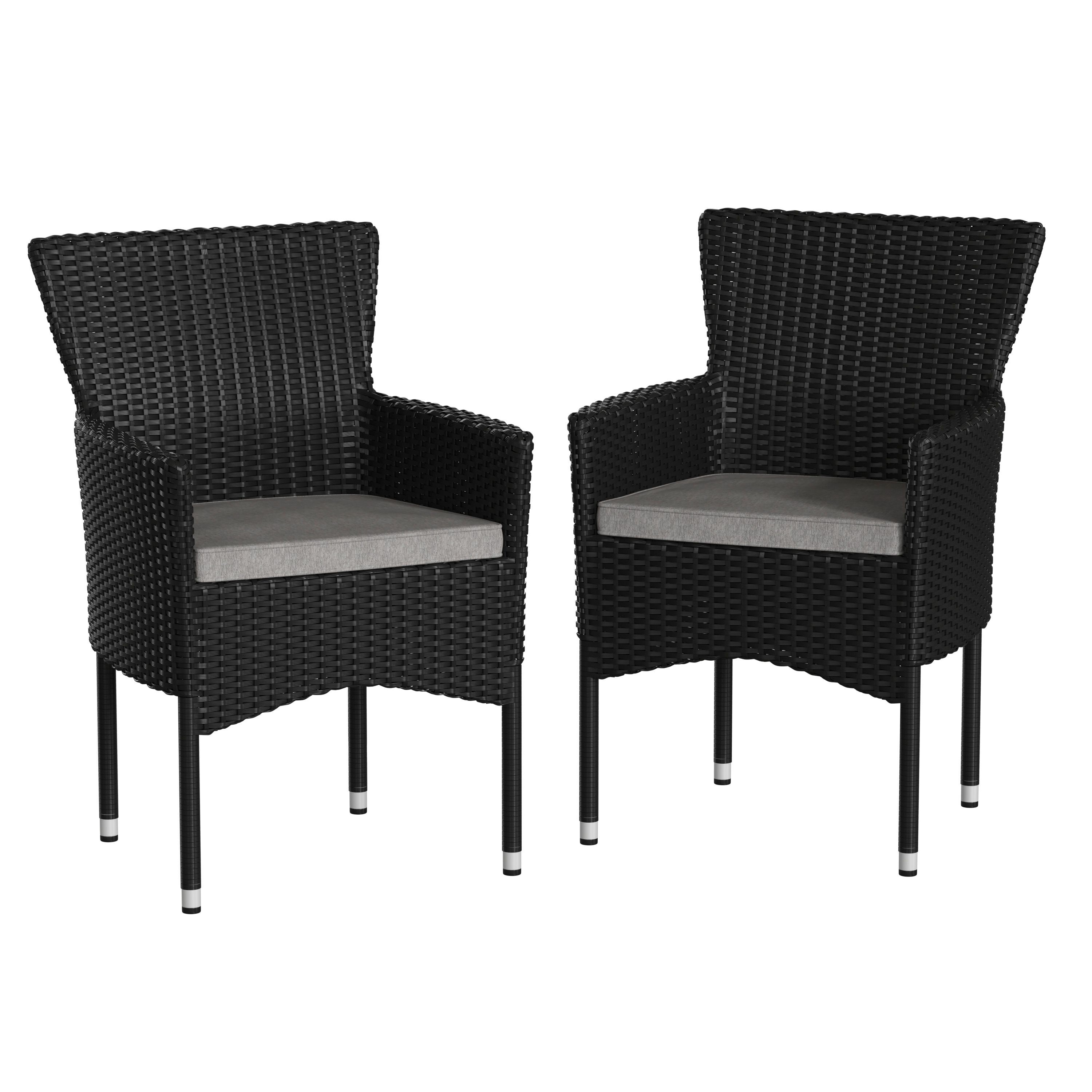 Flash Furniture 840196345246 Maxim Modern Black Wicker Patio Armchairs for Deck or Backyard; Fade and Weather-Resistant Frames and Gray Cushions-Set of 2