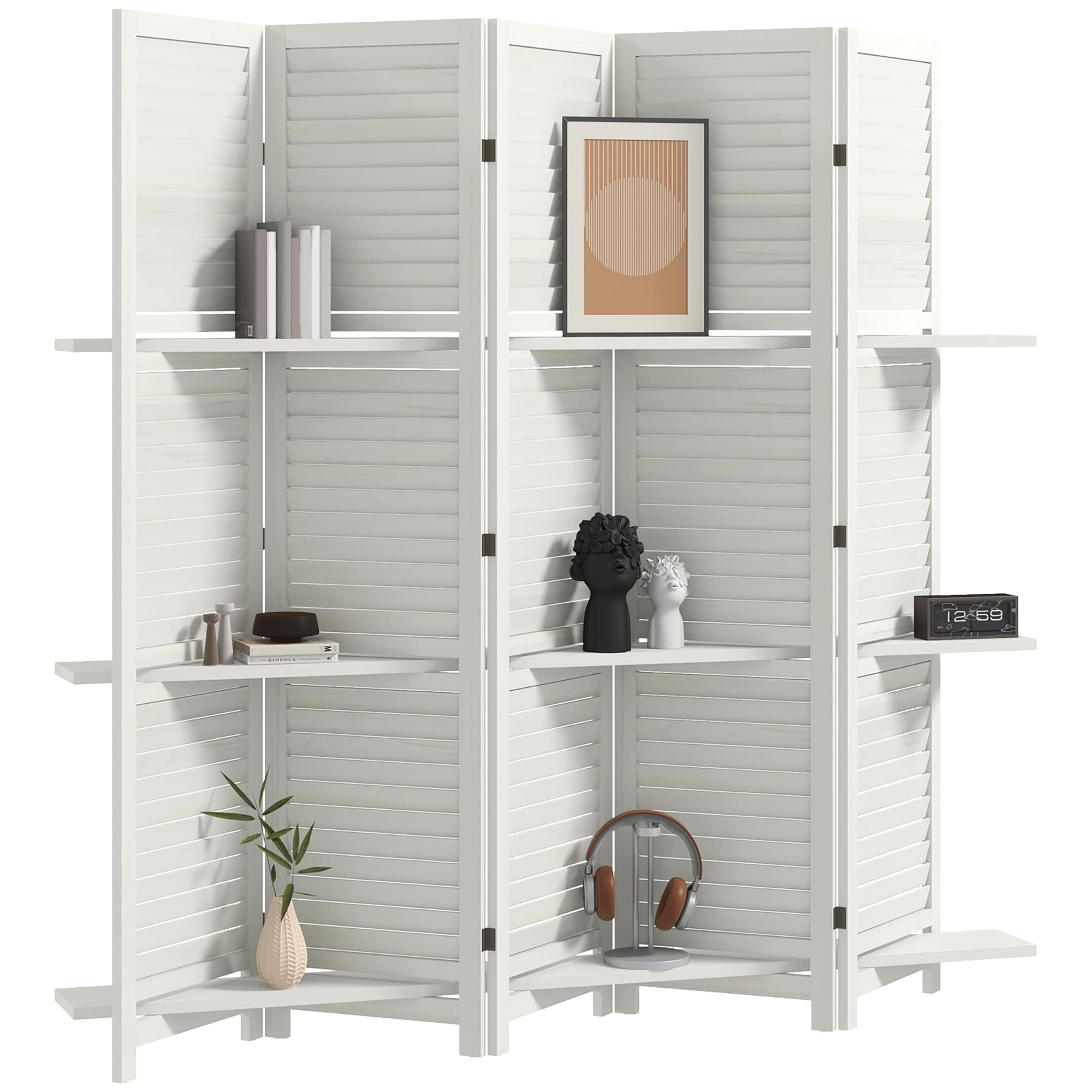 HomCom 830-313V01WT 5 Panel 67  Tall Wood Privacy Screen Room Divider with 3 Display Shelves  and Folding Storage for Bedroom or Home Office  White