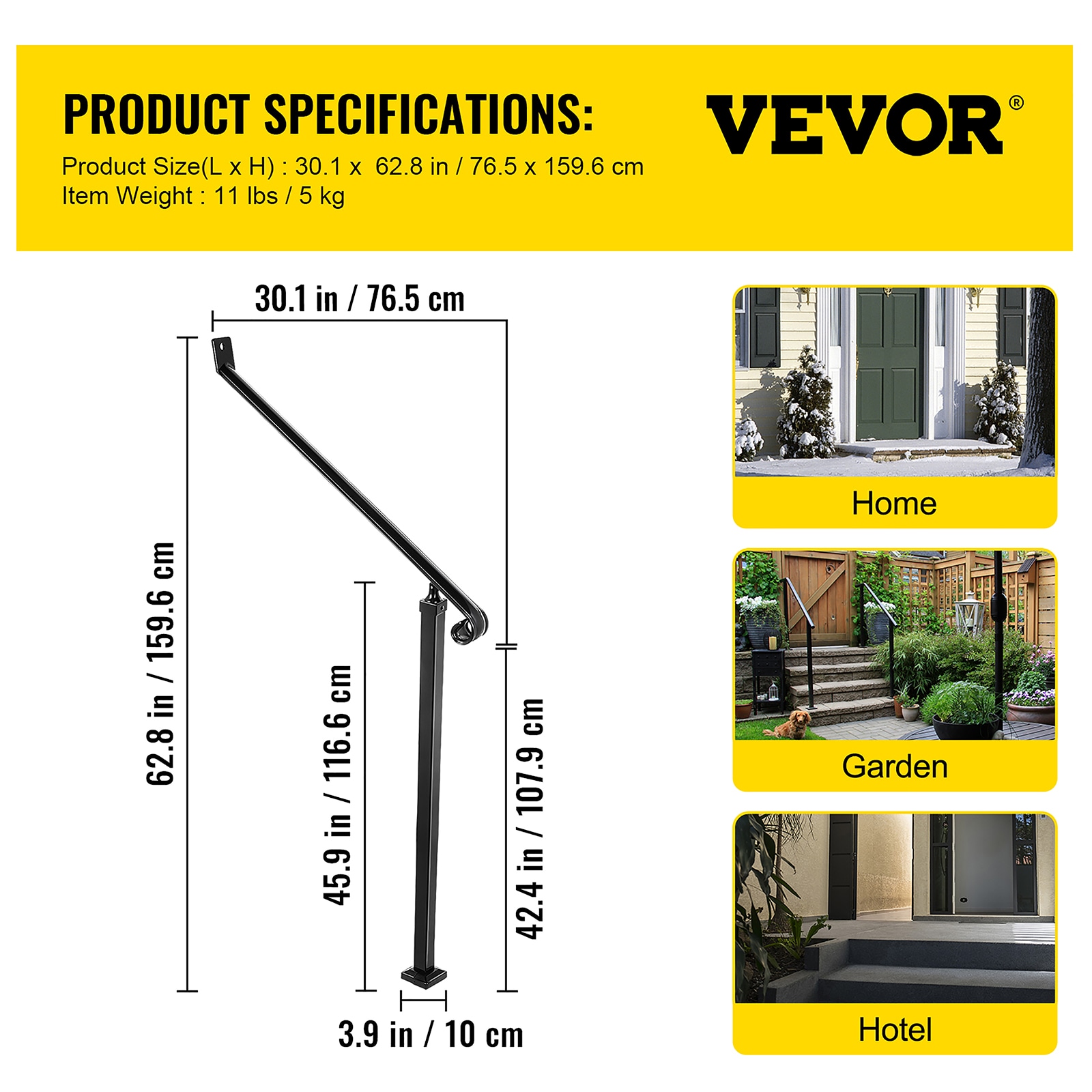 VEVOR 2-3 Steps Handrail 30.1-in x 62.8-in x 3.9-in Wrought Iron Pressure  Treated Steel Deck Handrail Kit