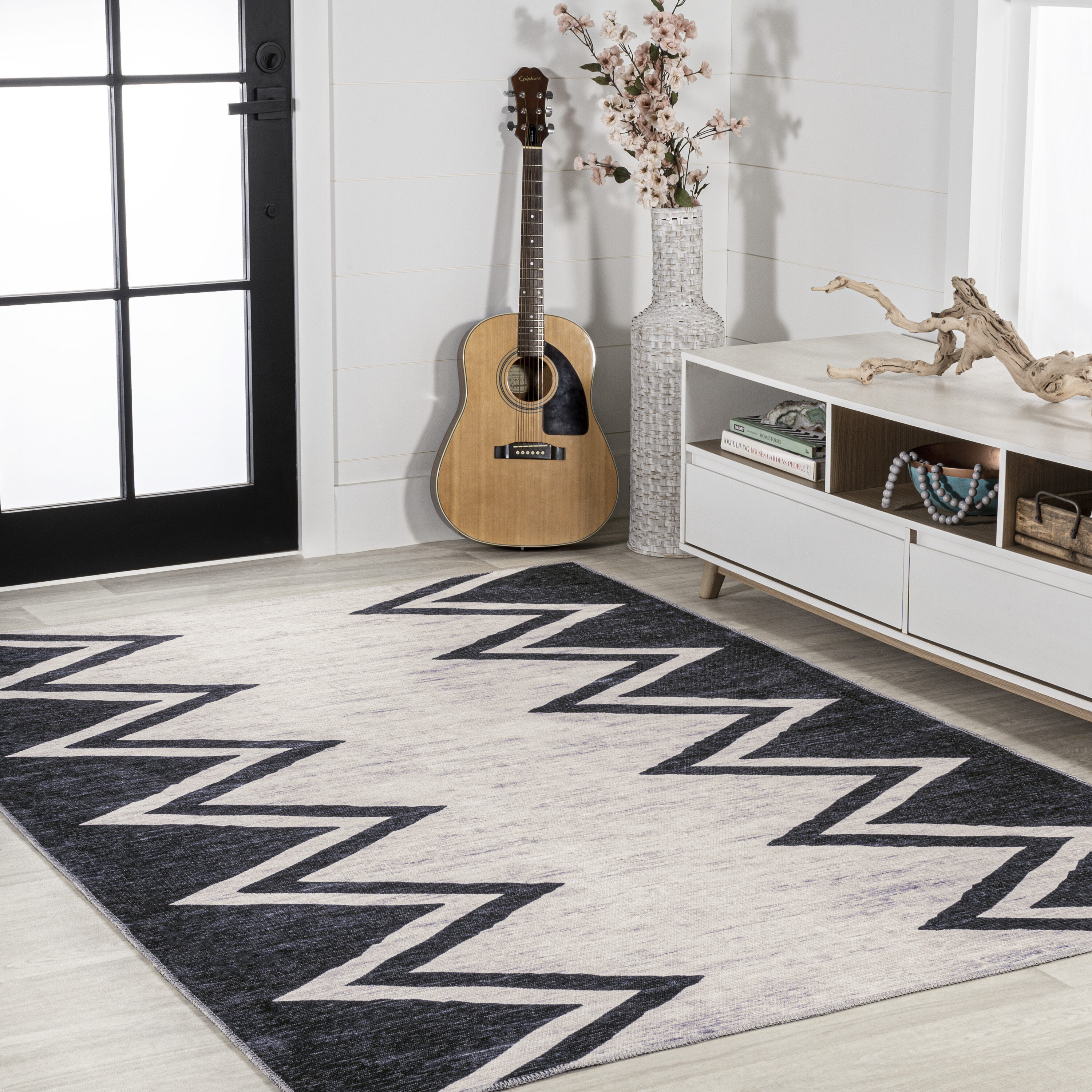 Ivory and Black Geometric Chevron Washable Area Rug 3' x 5'