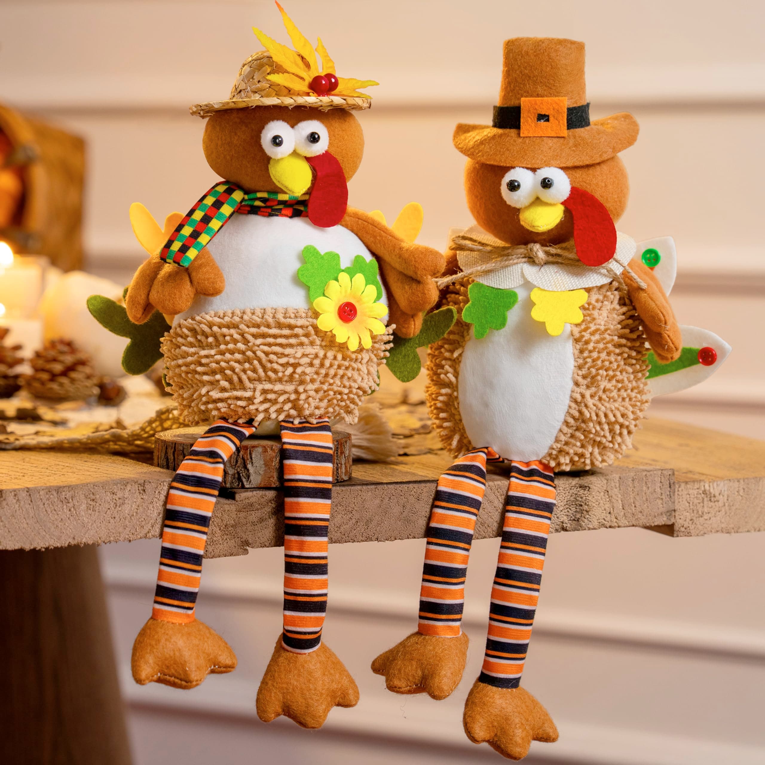 Joyfy 17803P Thanksgiving Decorations Stuffed Turkey Couple Doll 2 Pcs Tabletop Standing Turkey with Dangling Legs