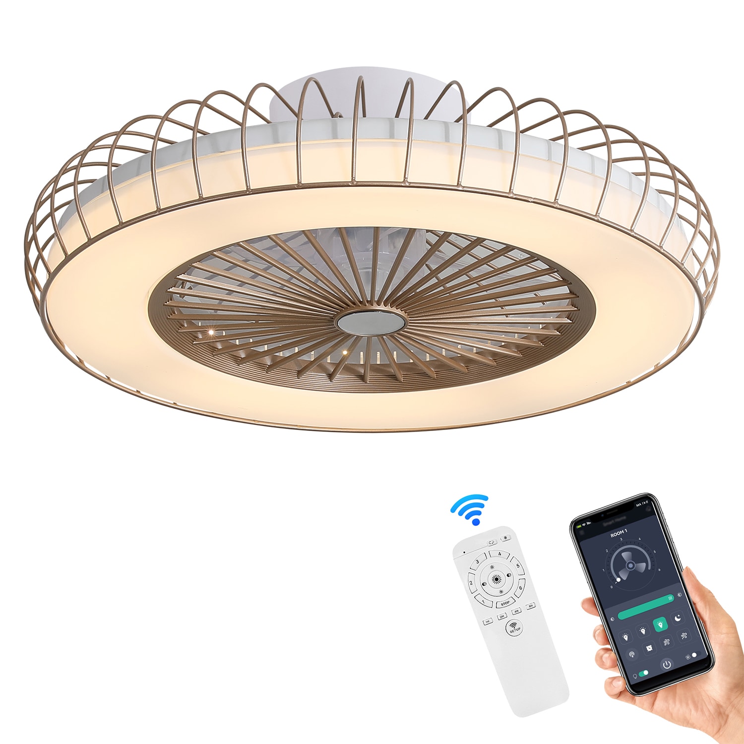 Yardreeze ZSFHCF002GD0407 20-in Color-Changing Integrated LED Flush Mount Gold with ABS Blades Fandelier Ceiling Fan With Light - Remote Included ( 5 -Blade )