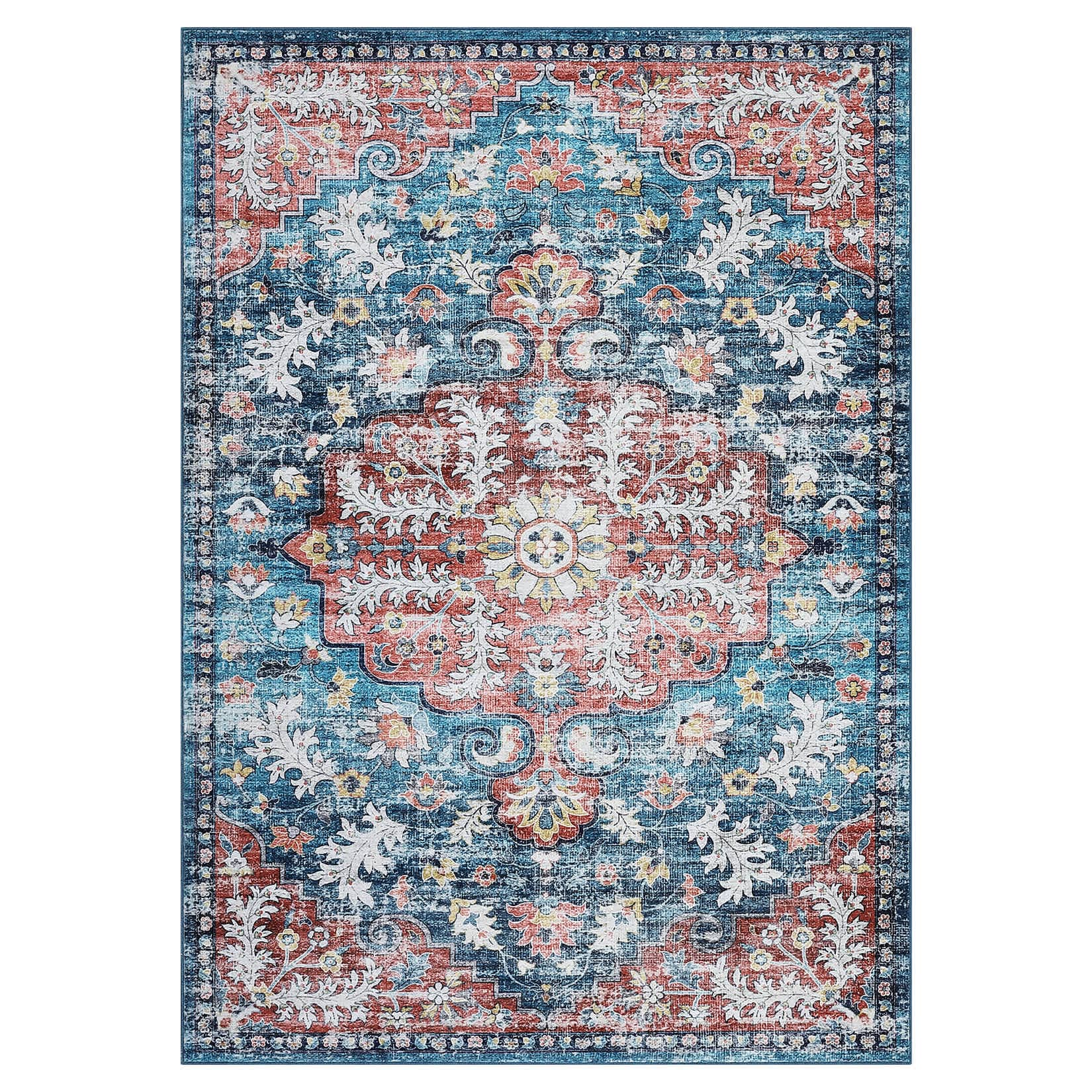 Qeetex LSN-PHO-353MEKFS 10 x 13 ft Polyester Cashmere Imitation Blue Rectangular Hallway Bathroom Entryway Kitchen Office Foldable Flower Printed Persian Washable Area Rug