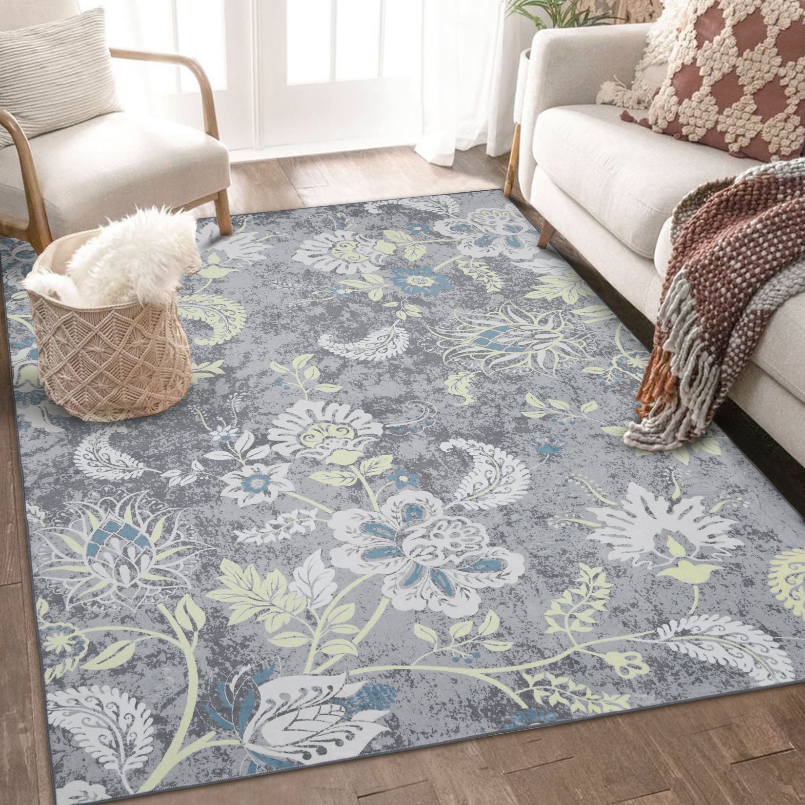 Garvee YXY-LO-PHO-0ZULUXK6 8 x 10 (ft) Polyester Gray Rectangular Indoor Floral/Botanical Vintage Machine washable Area rug