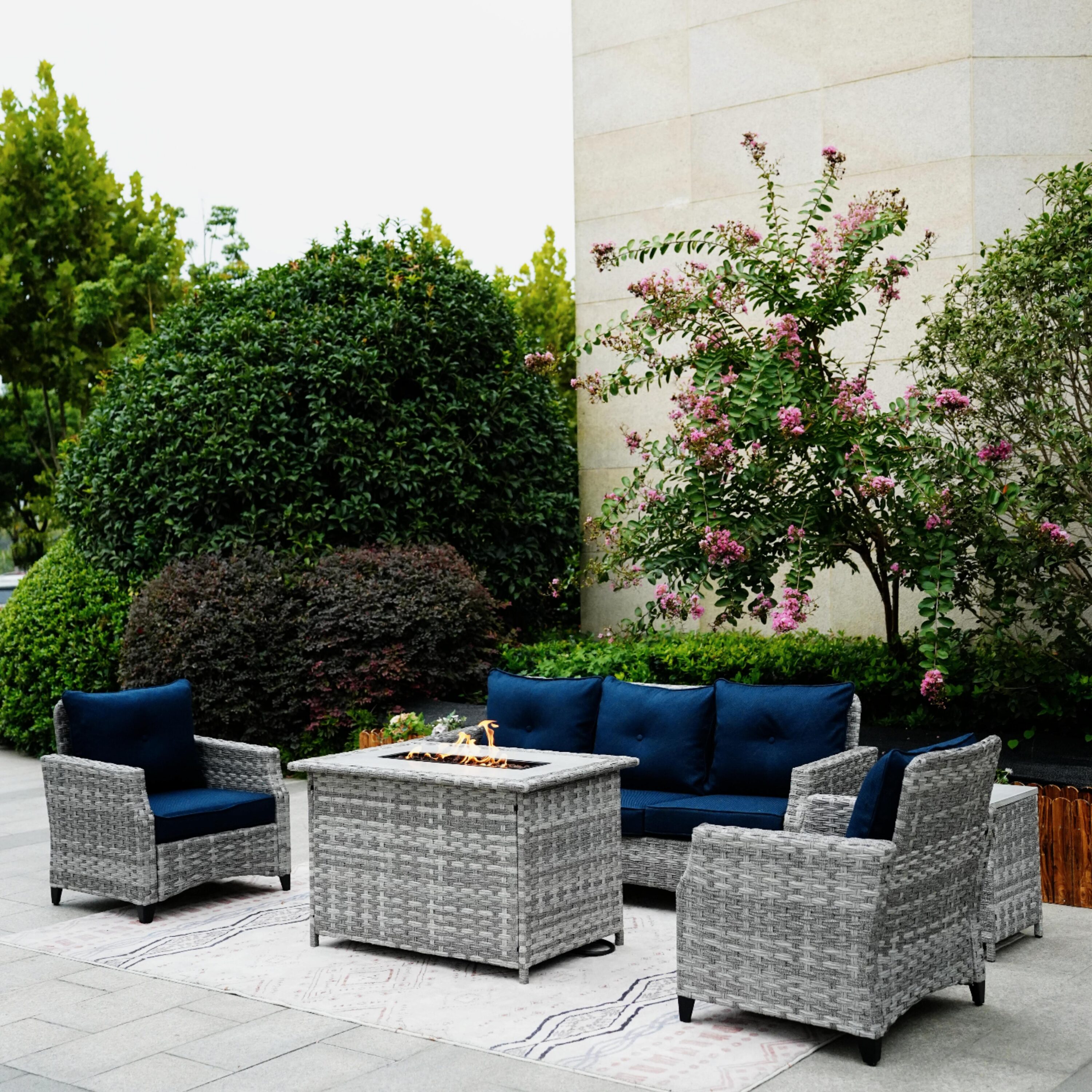 Direct Wicker DWG-1802H-BLUE 5 -Piece Wicker 3 Patio Sofa Conversation Set with Red Cushions