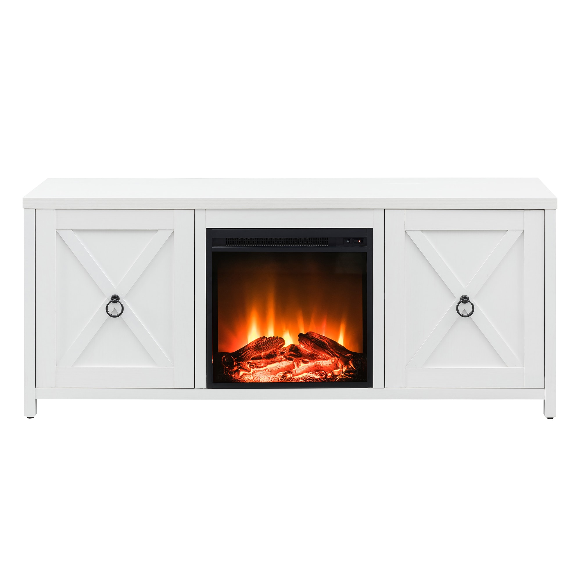 Modern Farmhouse White TV Stand with Electric Fireplace and Storage Cabinet