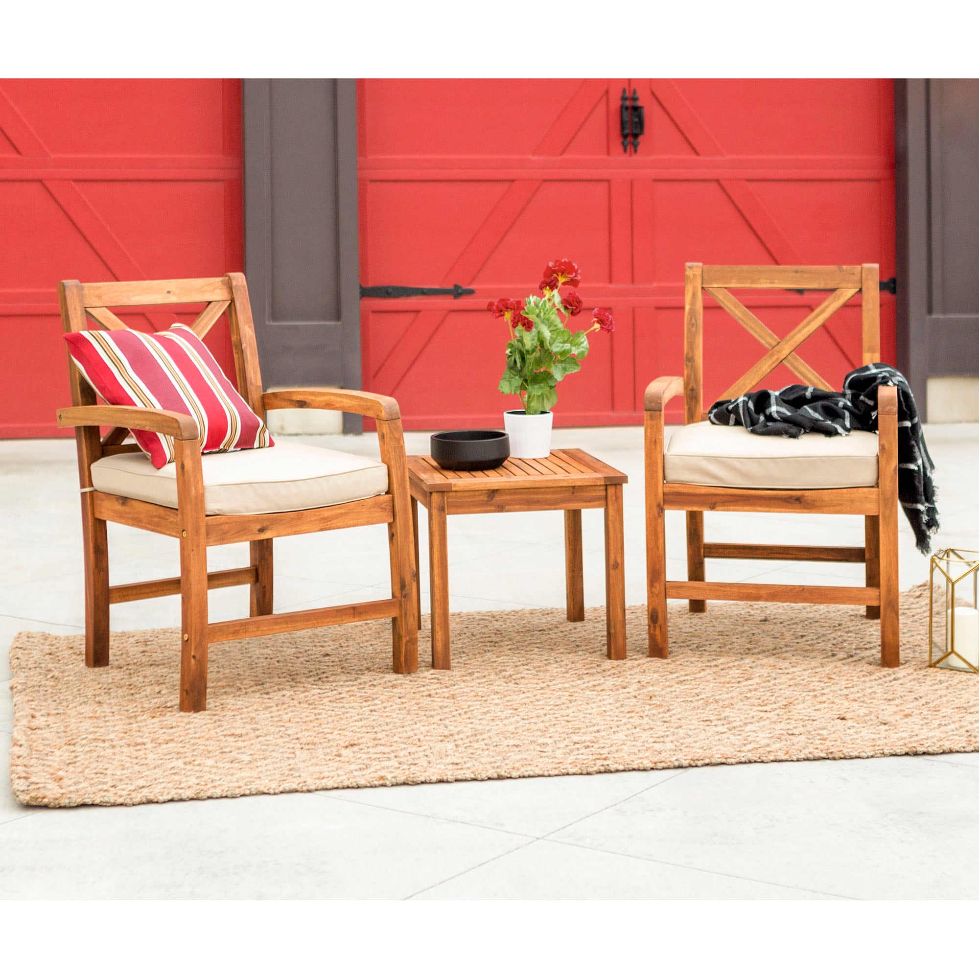 Walker Edison LWWC3XCGBR 3 -Piece Patio Conversation Set with Tan Polyester Cushions