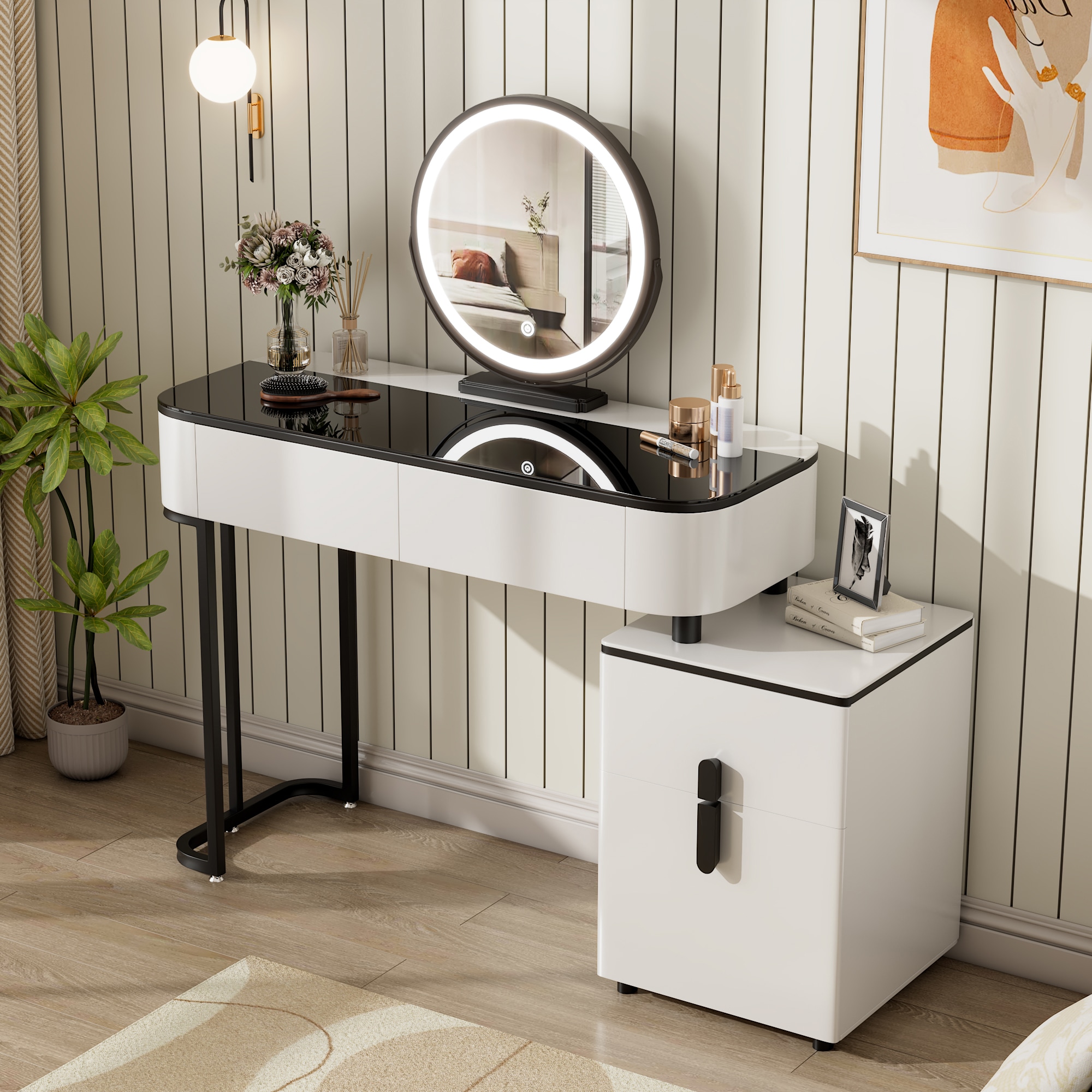 JUSHUA - Modern Vanity Table with Tempered Glass Top Adjustable Height Legs Multi-functional Stor...