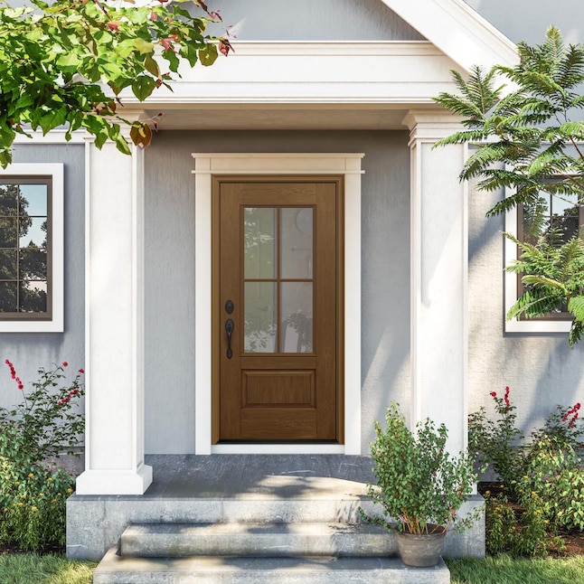 36 in. x 80 in. Right-Hand 3/4 Lite Rain Decorative Glass Mocha Stain Fiberglass Prehung Front Door w/Brickmould 36 in. x 80 in. Right-Hand 3/4 Lite Rain Decorative Glass Mocha Stain Fiberglass Prehung Front Door w/Brickmould