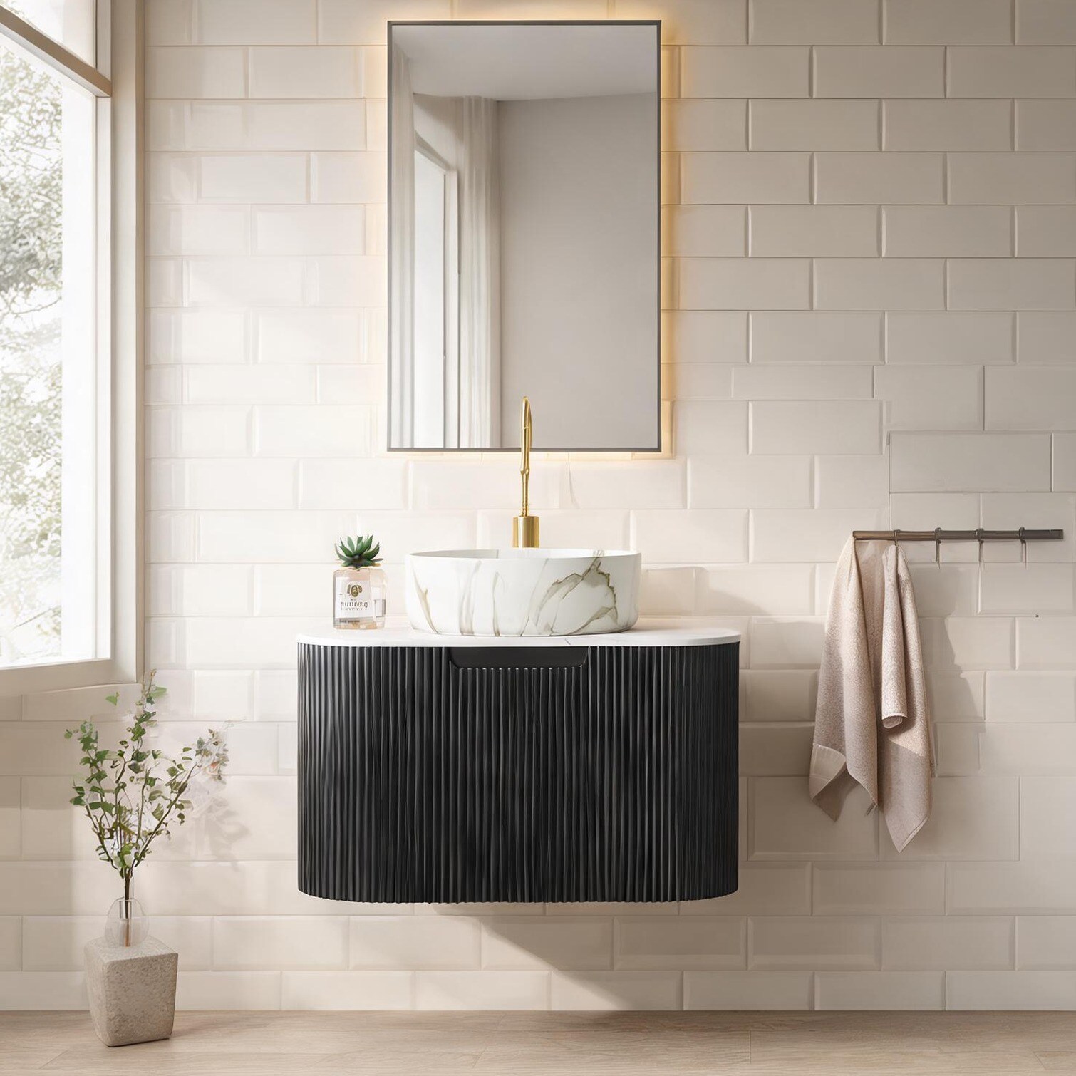 Watnature - 24-Inch Floating Bathroom Vanity with Round Basin Classic Black Curved Edges Sintered...