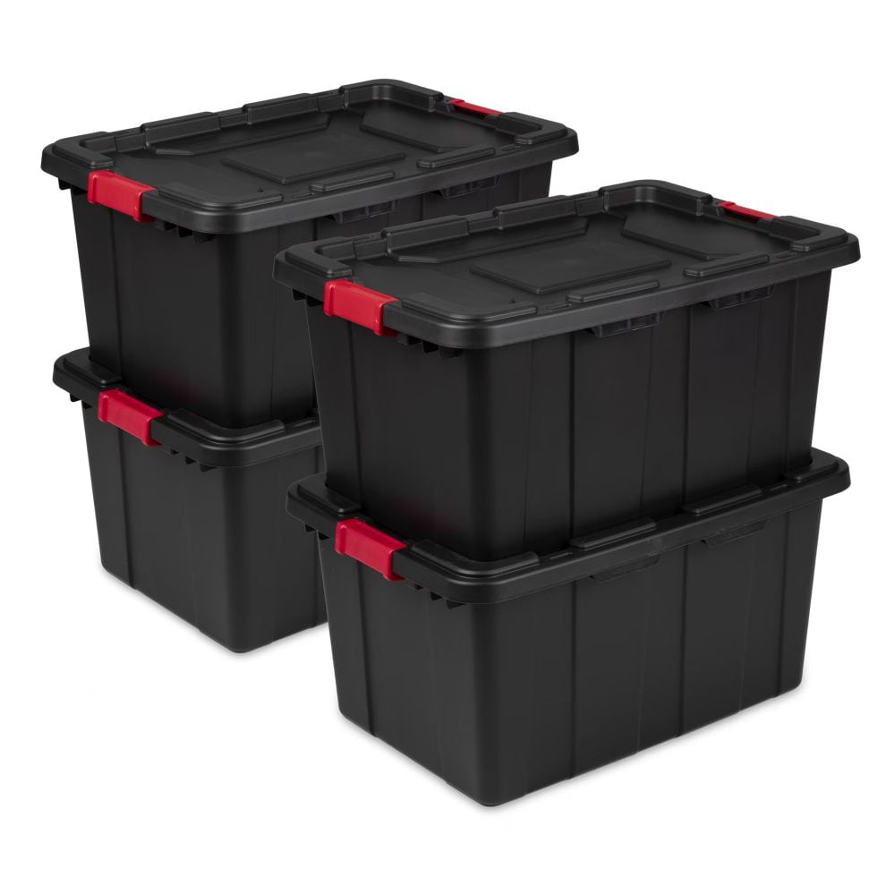 Slickblue Set of 4 Black 30.5 x 20.6 x 15.3-in Storage Containers with Latching Lid 27-Gallon Capacity and Stackable Design for Garage Basement or Attic