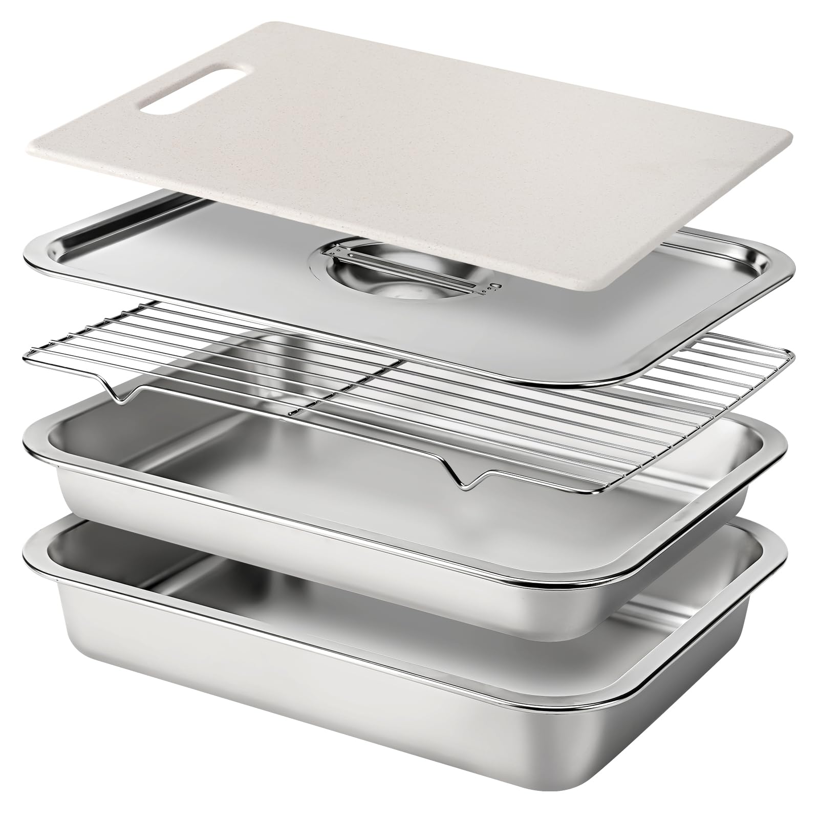 JVFCXXV  Stainless Steel BBQ Grilling Prep and Serve Tray Set with Lid Cutting Board Wire Rack and Marinade Pan for Outdoor Cooking