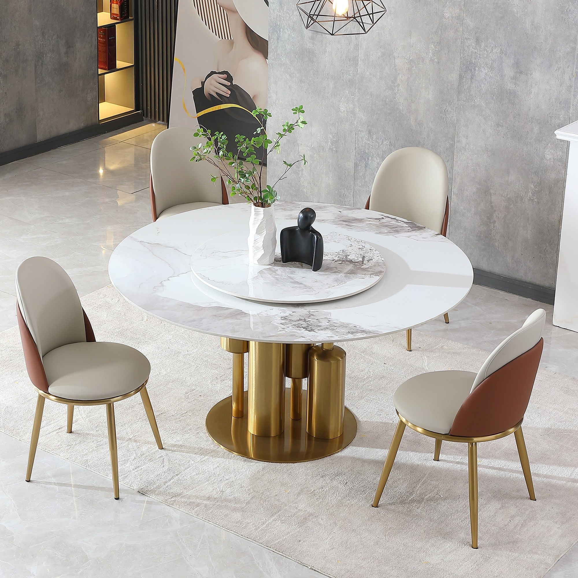 Horizons Prime - 59 inch Golden White Sintered Stone Round Dining Table with 360 Degree Rotating ...