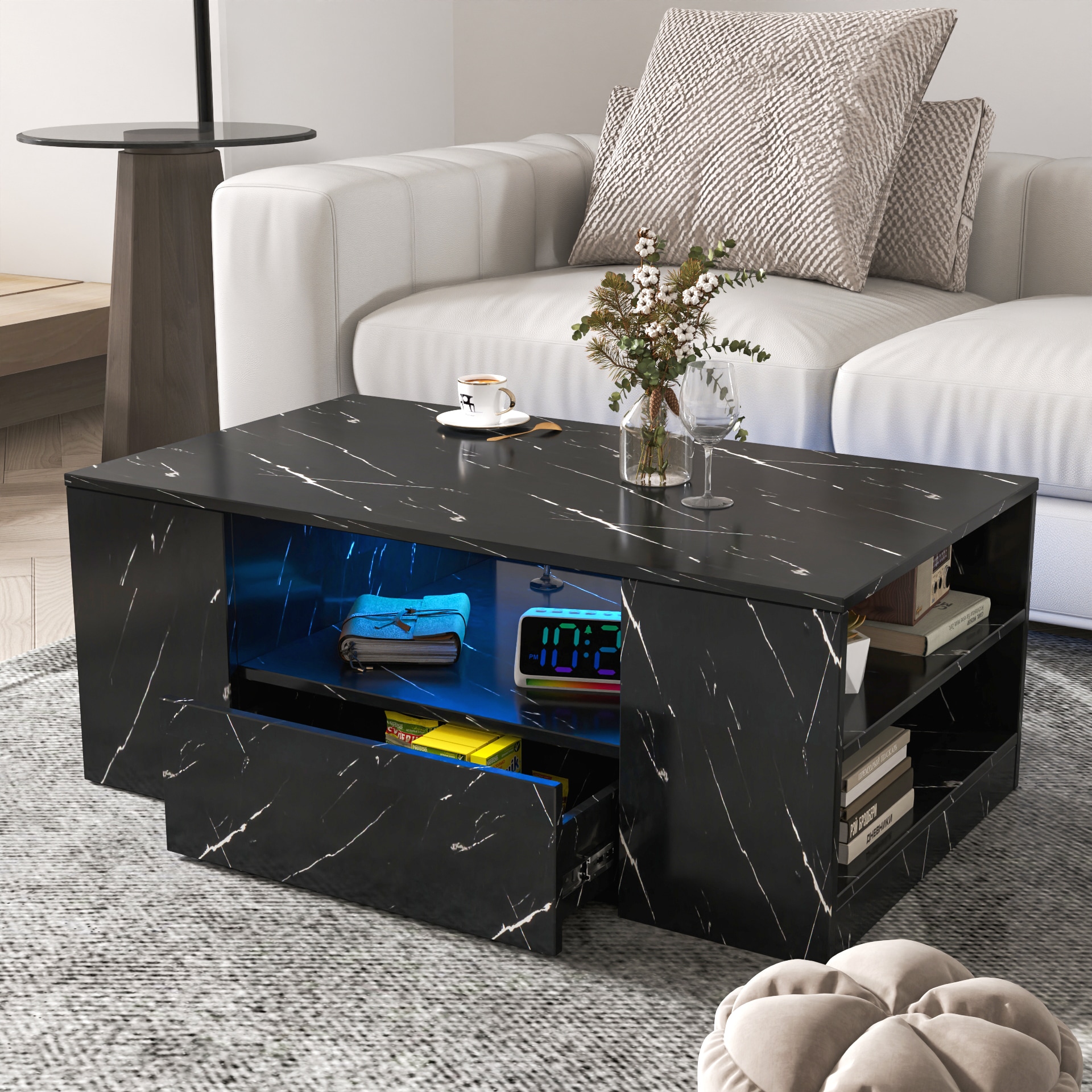 Tatayosi Z-1P264716 Led Coffee Table Modern Coffee Tables For Living Room Storage Coffee Table Small Coffee Table Wood Center Table With 2 Drawers And Open Side Shelf