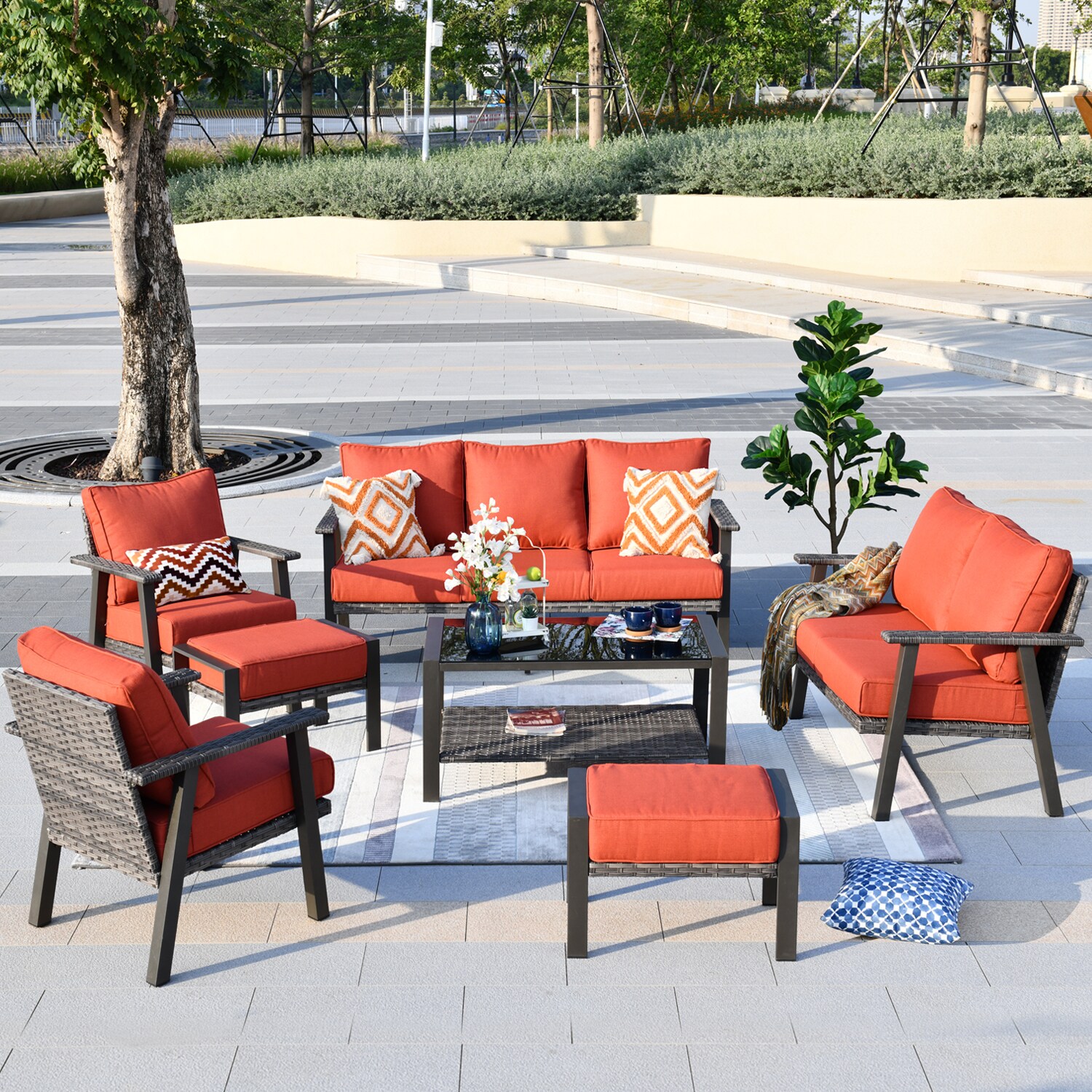 Pouuin SHW80T07 7 -Piece Rattan Patio Sofa Conversation Set with Orange Cushions