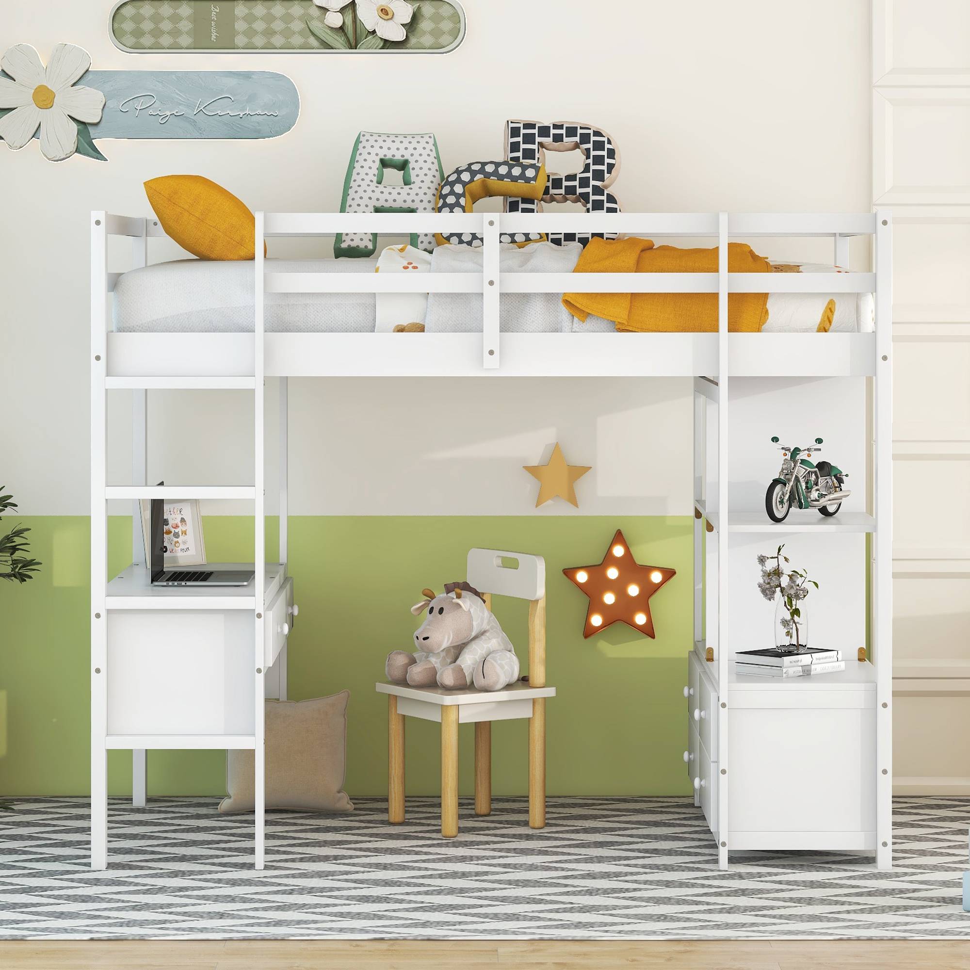 Twin Size Loft Bed with Built-in Desk, Storage Shelves and Drawers, White - ModernLuxe