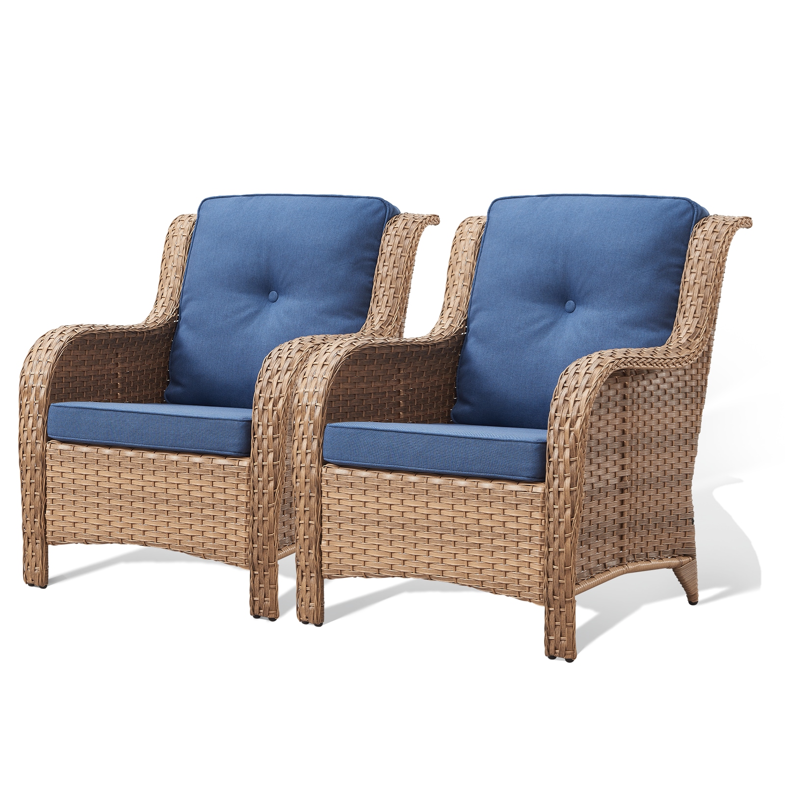 Rilyson FS106-1 Curved handrail Set of 2 Wicker Yellow Wicker Frame Stationary Conversation Chair with Blue Blue Cushioned Seat
