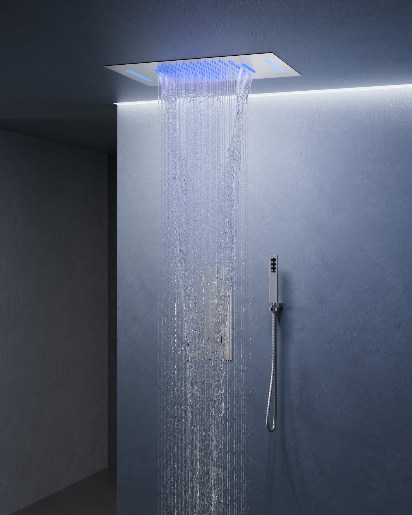 EVERSTEIN SFS-1024-NK 23 in. L x 15 in. W 7-Spray Patterns LED Waterfall Dual Ceiling Mount and Handheld Shower Head in Brushed Nickel