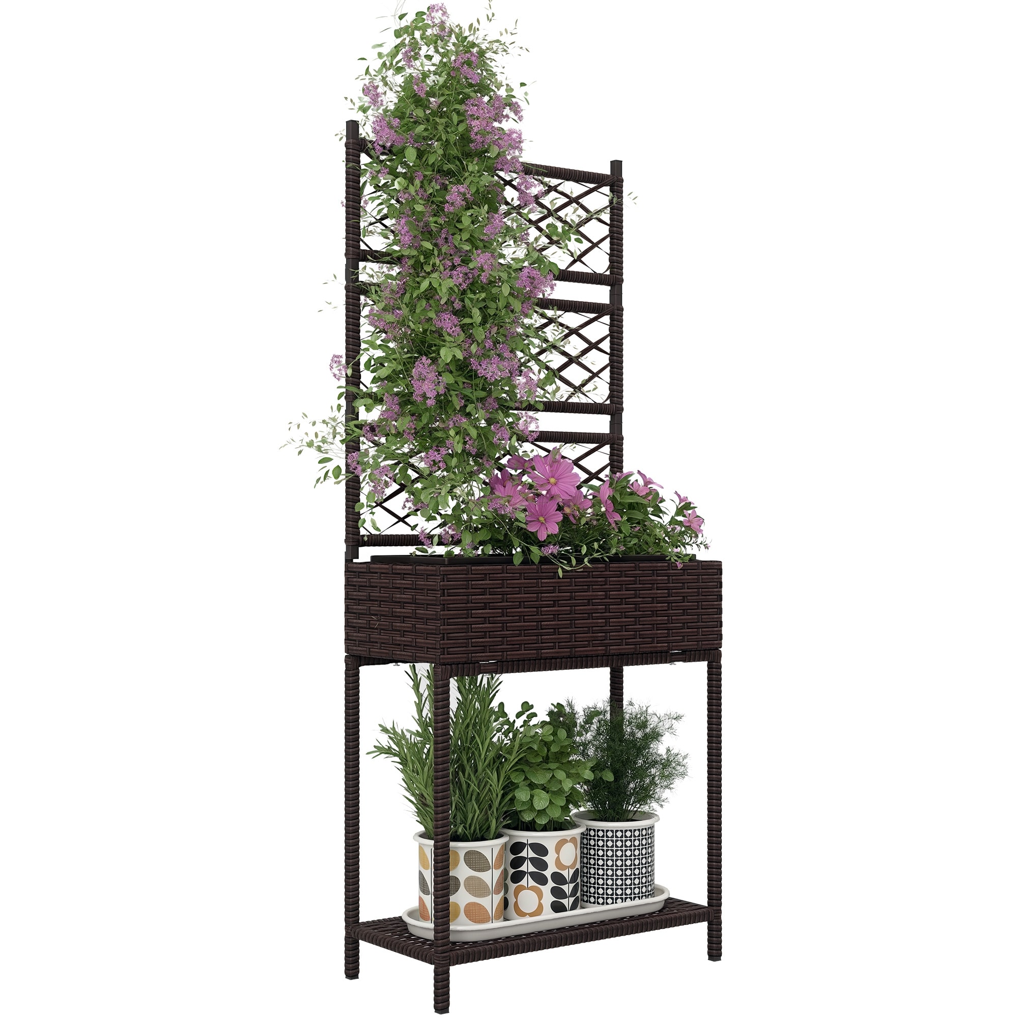 Outsunny 867-258V00BN Raised Garden Bed with Trellis Outdoor Wicker Planter Freestanding Rattan Planter Stand with Storage Shelf for Climbing Plants Flowers Herbs Vegetables Brown
