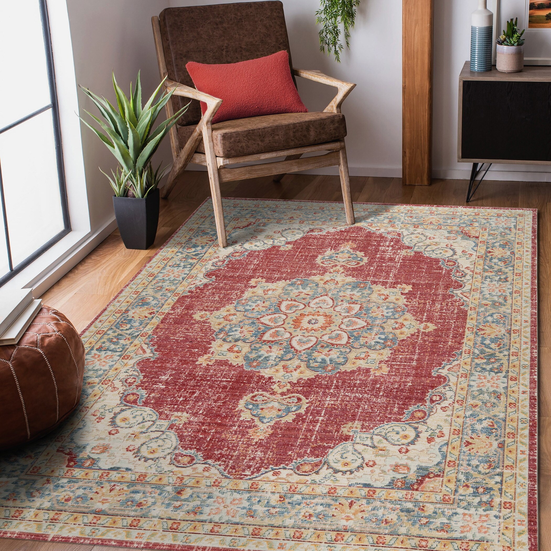 Amer Rugs CEN202608 3 x 8 (ft) Polyester Burgundy Red/Teal Rectangular Indoor Medallion Runner rug
