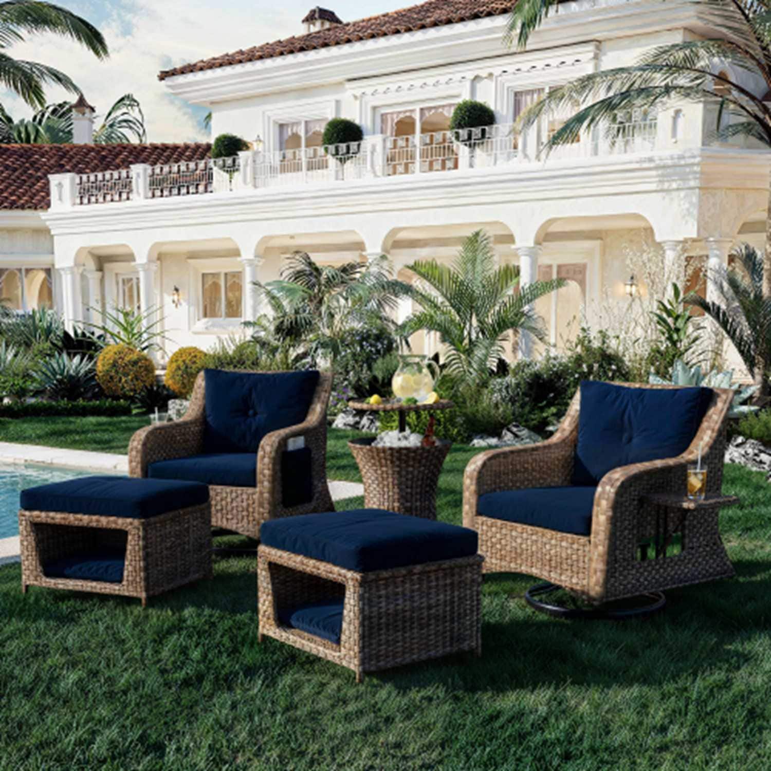 Runesay HBPATI2-08 5 -Piece Wicker Patio Conversation Set with Blue Cushions