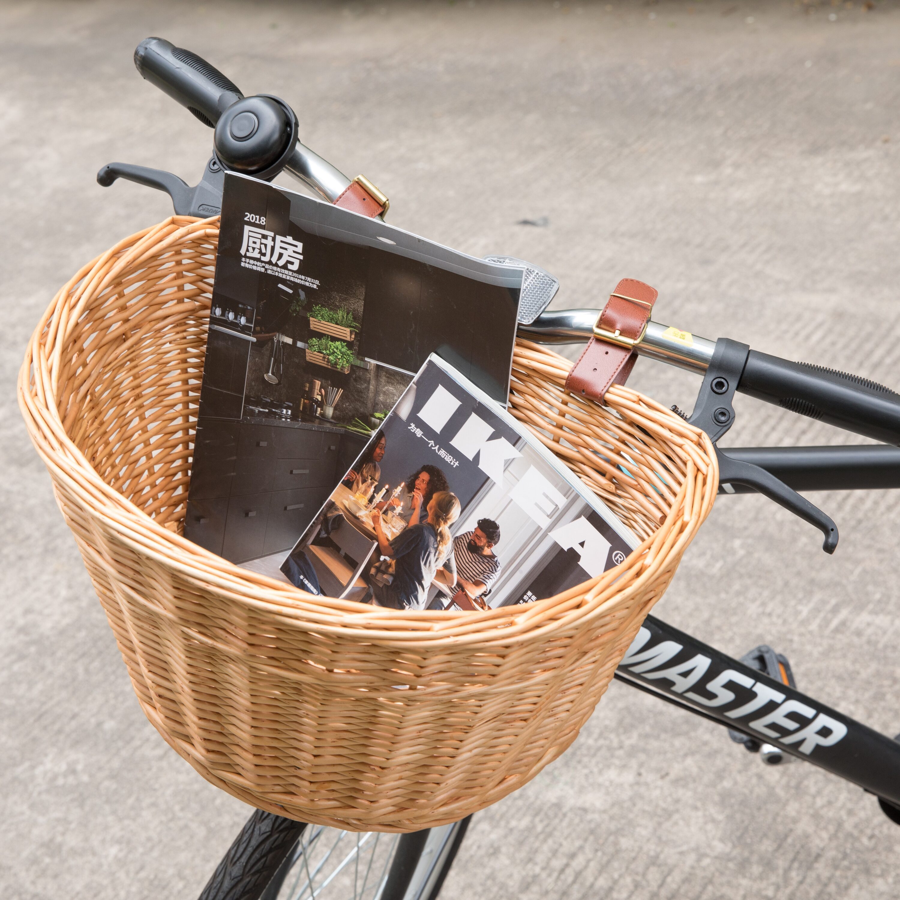 Brown Wicker Front Bike Basket with Faux Leather Straps