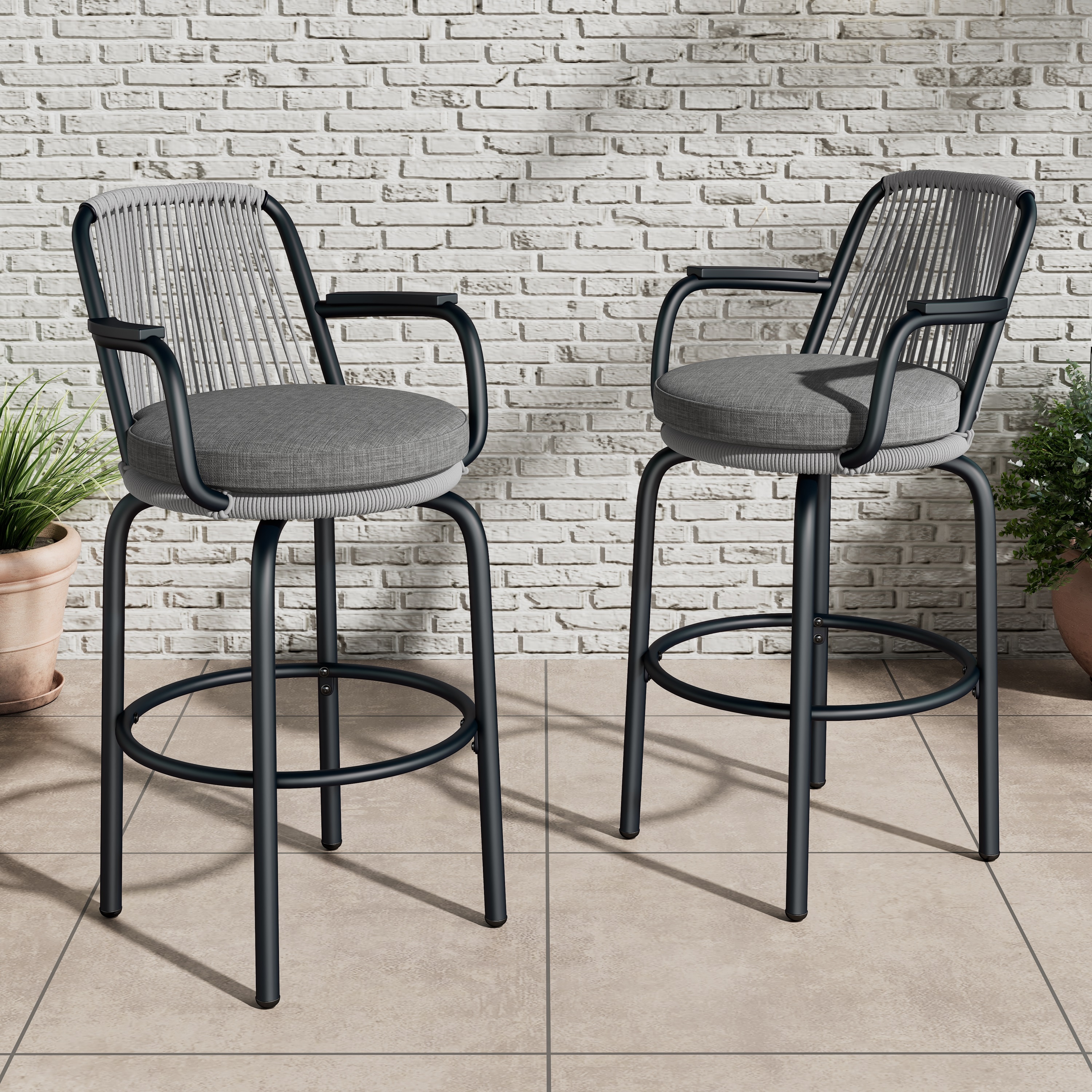 Christopher Knight Home 324674 Jordan Modern Woven Rattan Rope Bar Stools with Back and Arms  Set of 2-Black+Gray