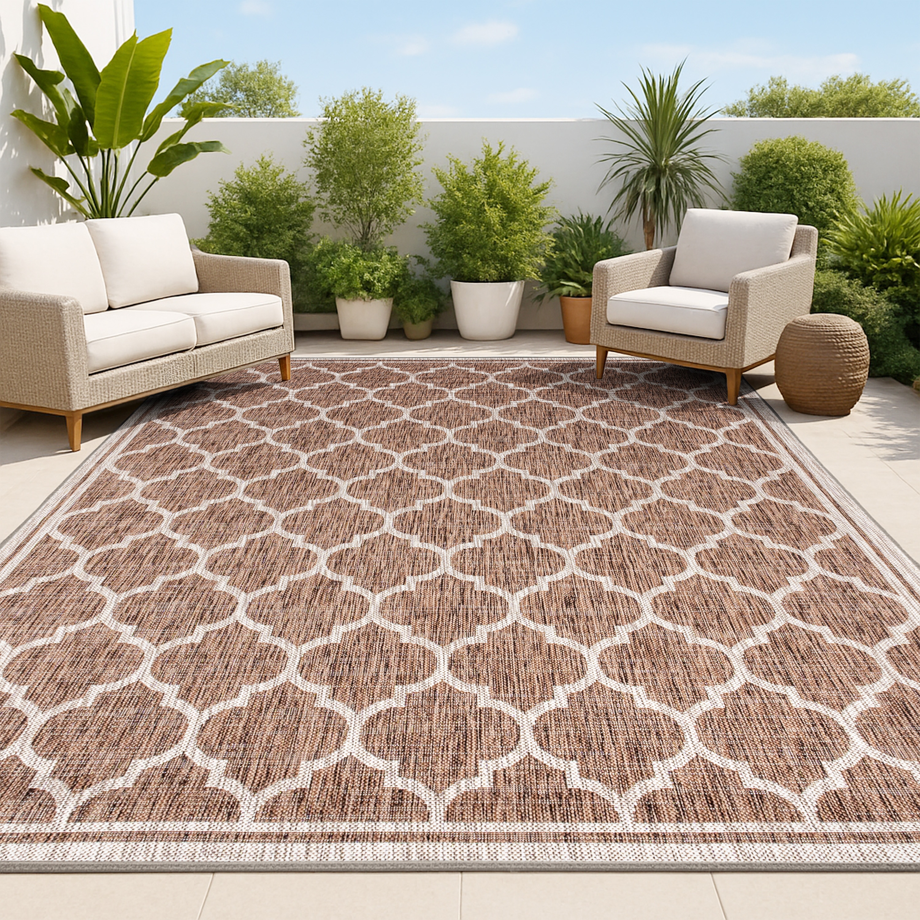 JONATHAN  Y SMB109B-8 Santa Monica Trebol Filigree Textured Weave 8 x 10 (ft) Loomed Polypropylene Espresso/Taupe Rectangular Indoor/Outdoor Distressed/Overdyed Coastal Area rug