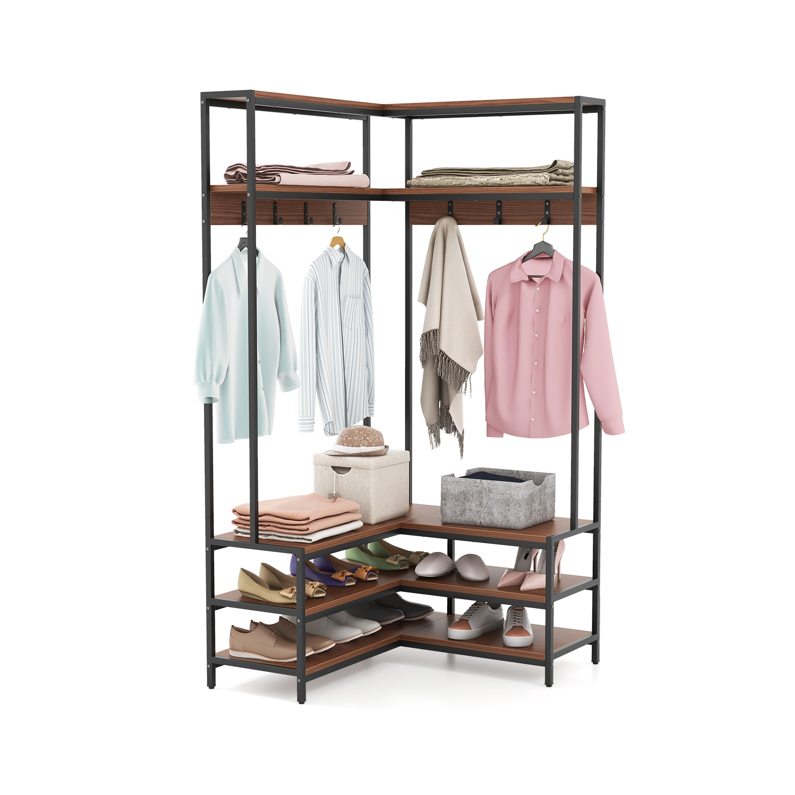 Fenbeli Corner Clothes Rack with Shelves Hooks and Storage Bench for Entryway and Bedroom