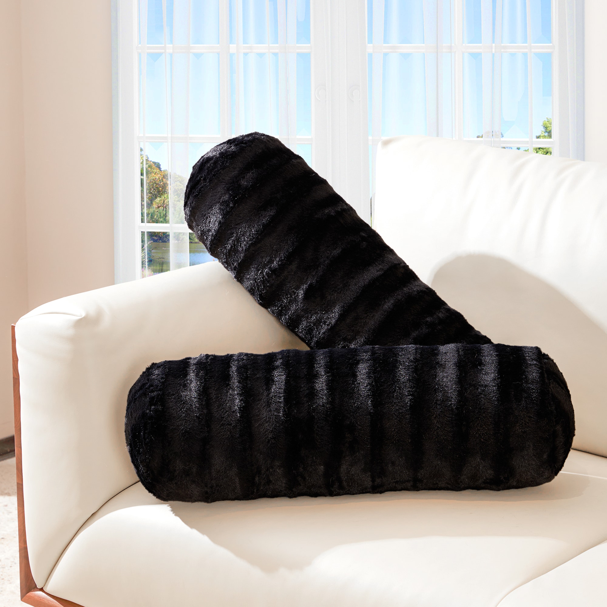 Cheer Collection  Set of 2 Faux Fur Bolster Pillows with Removable Covers 8 x 24 Inches Decorative Throw Pillows