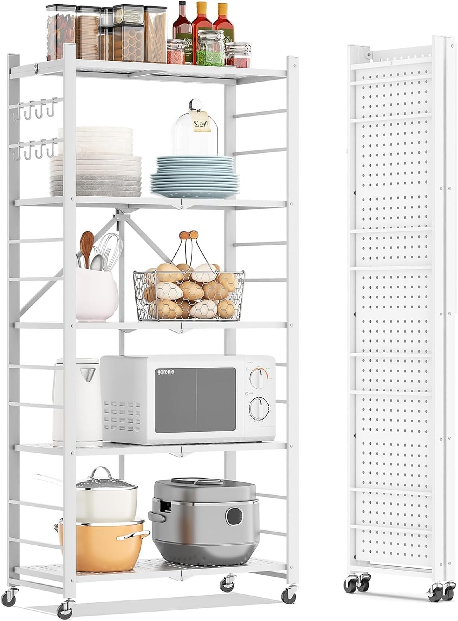SUGIFT 5-Tier Folding Storage Shelf with Wheels Heavy Duty Metal Organizer Rack No Assembly Rolling Shelving Unit for Garage Kitchen Pantry White