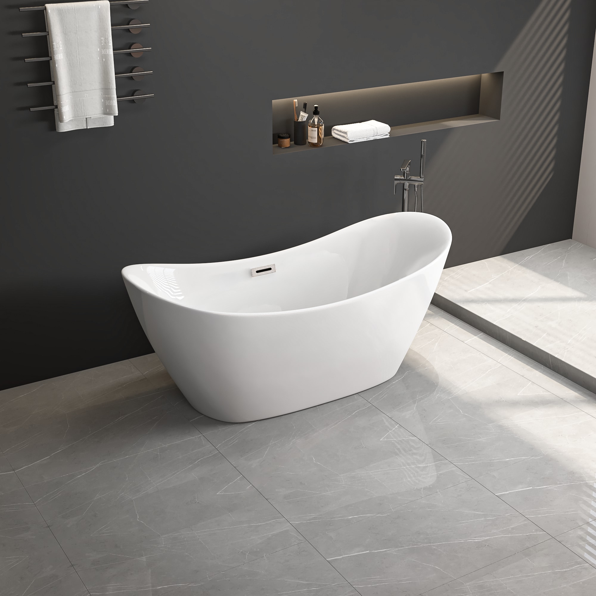 WELLFOR CB-80092 BA Freestanding Bathtub 30-in x 67-in White Acrylic Rectangular Freestanding Soaking Bathtub with Drain ( Center Drain )