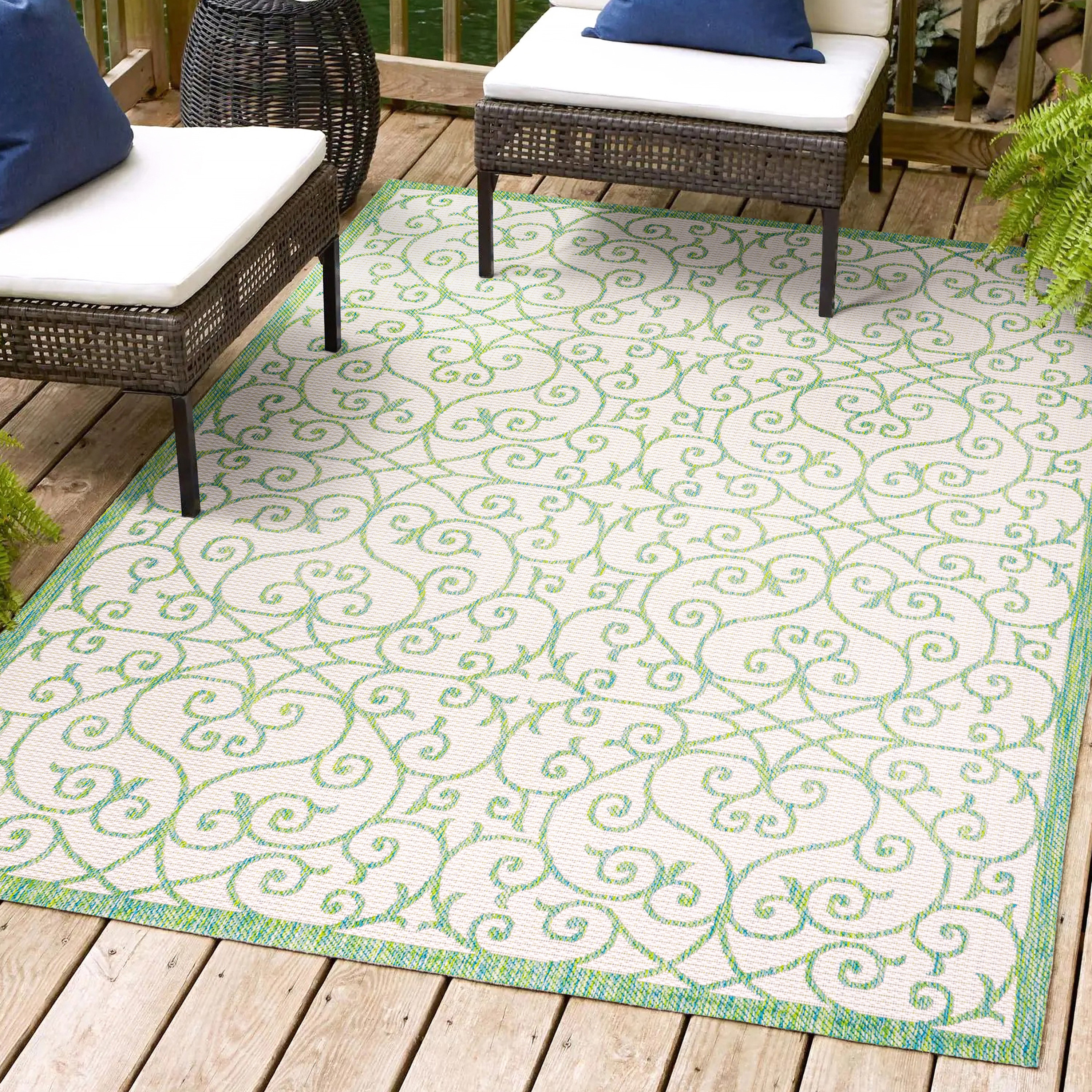 JONATHAN  Y SMB107J-5 Santa Monica Madrid Filigree Textured Weave 5 x 8 (ft) Loomed Polypropylene Cream/Green Rectangular Indoor/Outdoor Border French Country Area rug