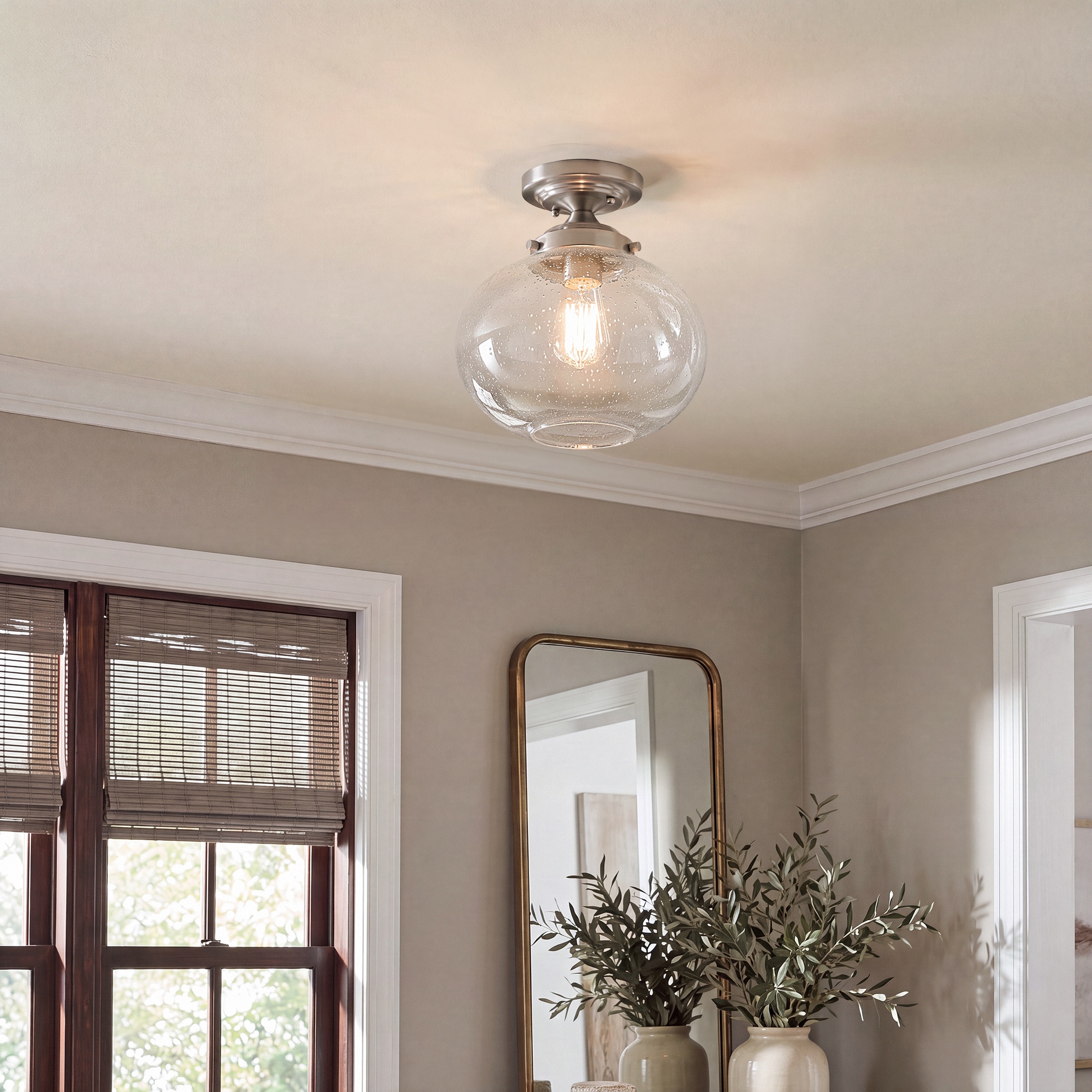Avery 9.75-in Brushed Nickel Indoor 1 -Light Semi-flush Mount Light with Opal Glass