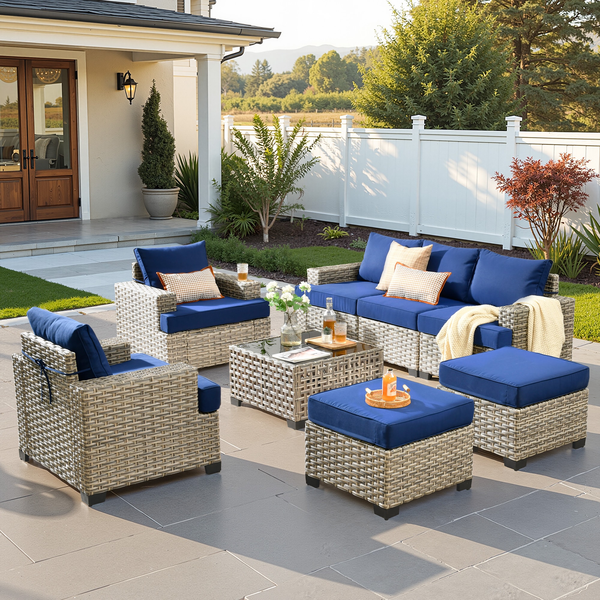 ALTRIGUS 6L-TBS708-AL 8 -Piece Wicker Patio Sofa Conversation Set with Navy Cushions