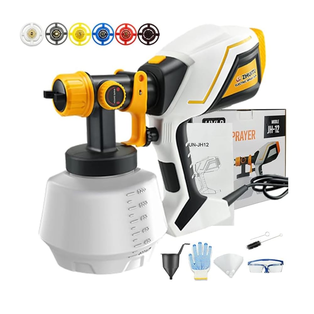 VONFORN Paint Sprayer 1000W HVLP Electric Spray Paint Gun with 6 Copper Nozzles and 3 Spray Patterns 1200ML High Capacity Container for Furniture Fences Walls Garage Doors Yellow