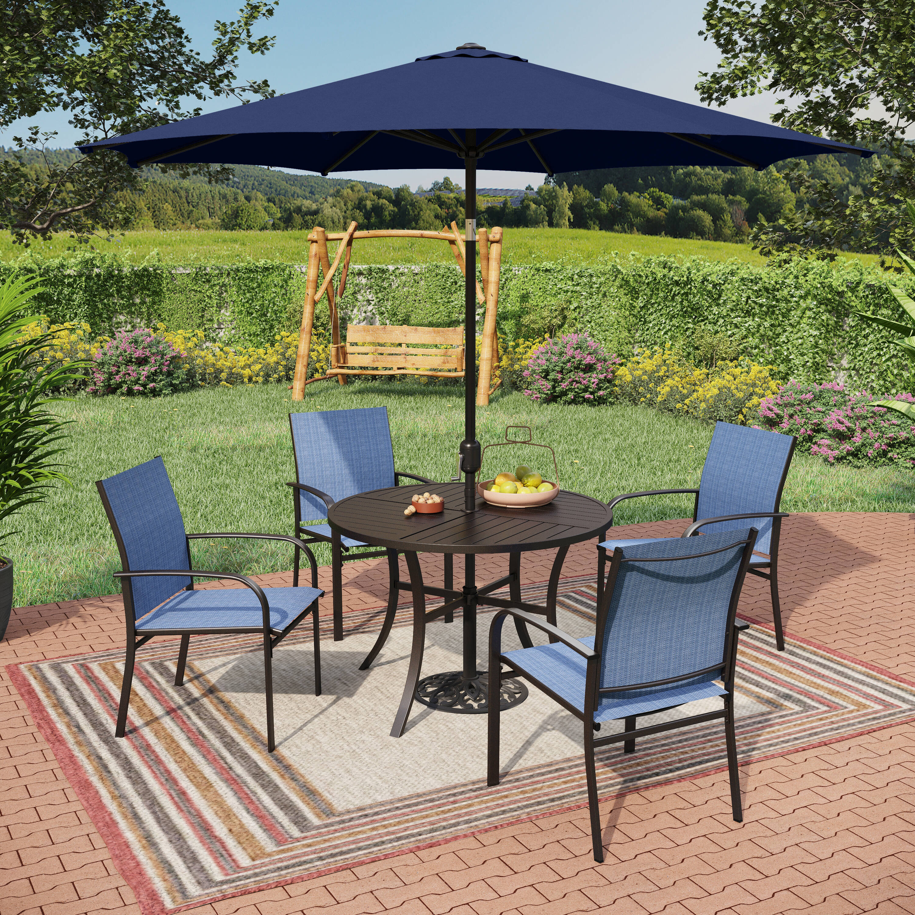 Sunshine Valley TC7-E02GF113-104 6 -Piece Black Patio Dining Set Steel Round Table with 4 Blue Stationary Chairs and Umbrella Included