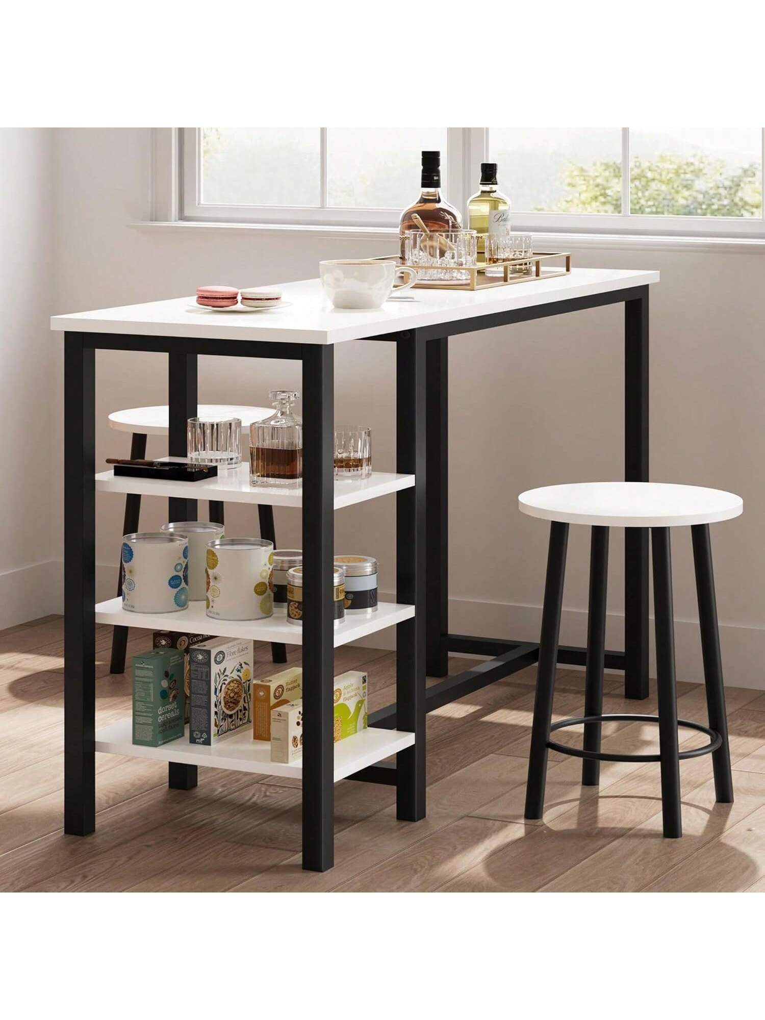 Aoile White Panel and Black Tube Bar Table Set with 2 Stools and 3 ...