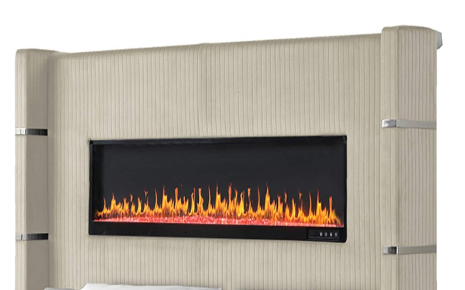 Elegant Beige Velvet King Bed with Ambient Fireplace Display