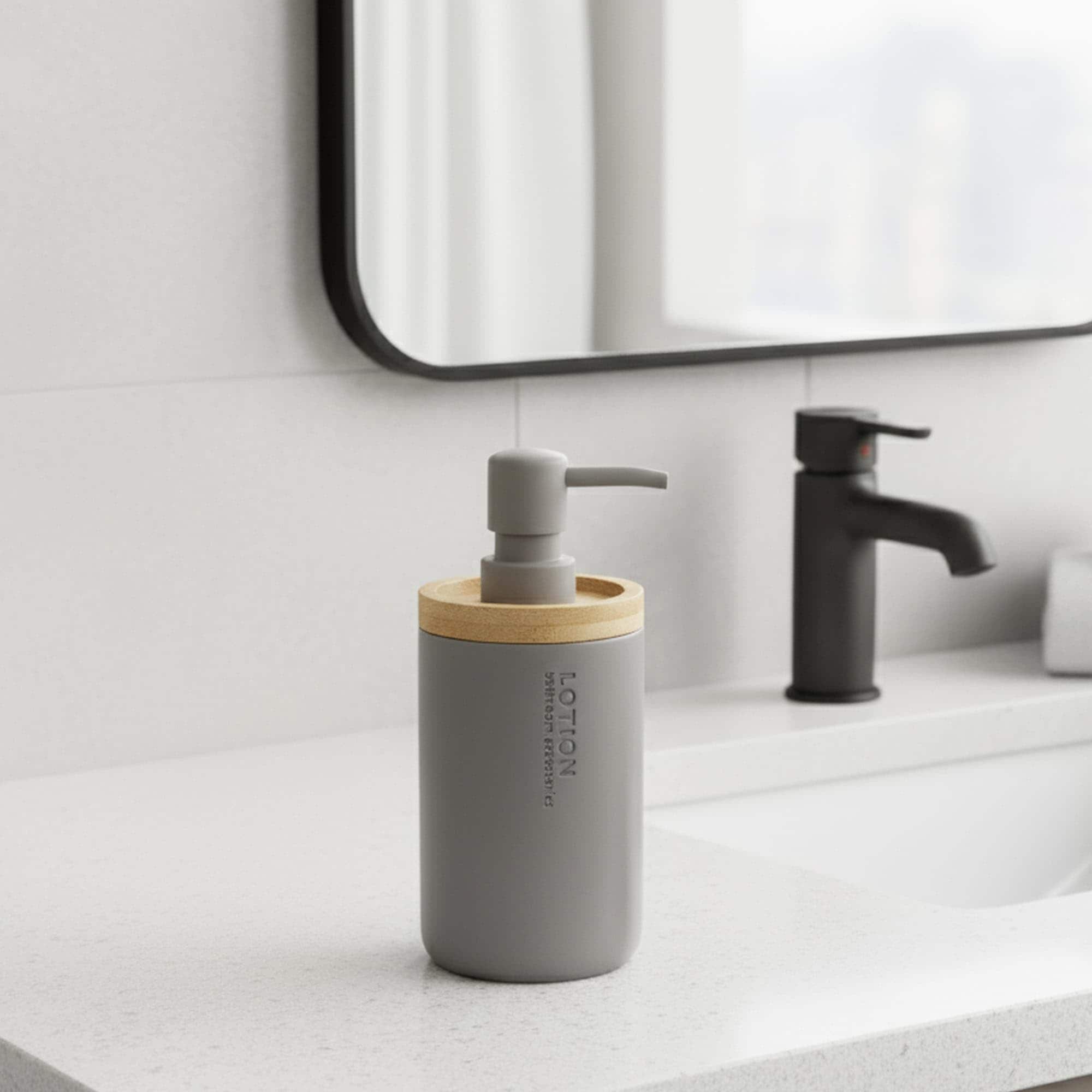EVIDECO FRENCH HOME GOODS 9-fl oz Modern Matte Gray Soap Dispenser with Natural Bamboo Accent - Polyresin Hand Lotion Pump - Contemporary Bathroom Accessory