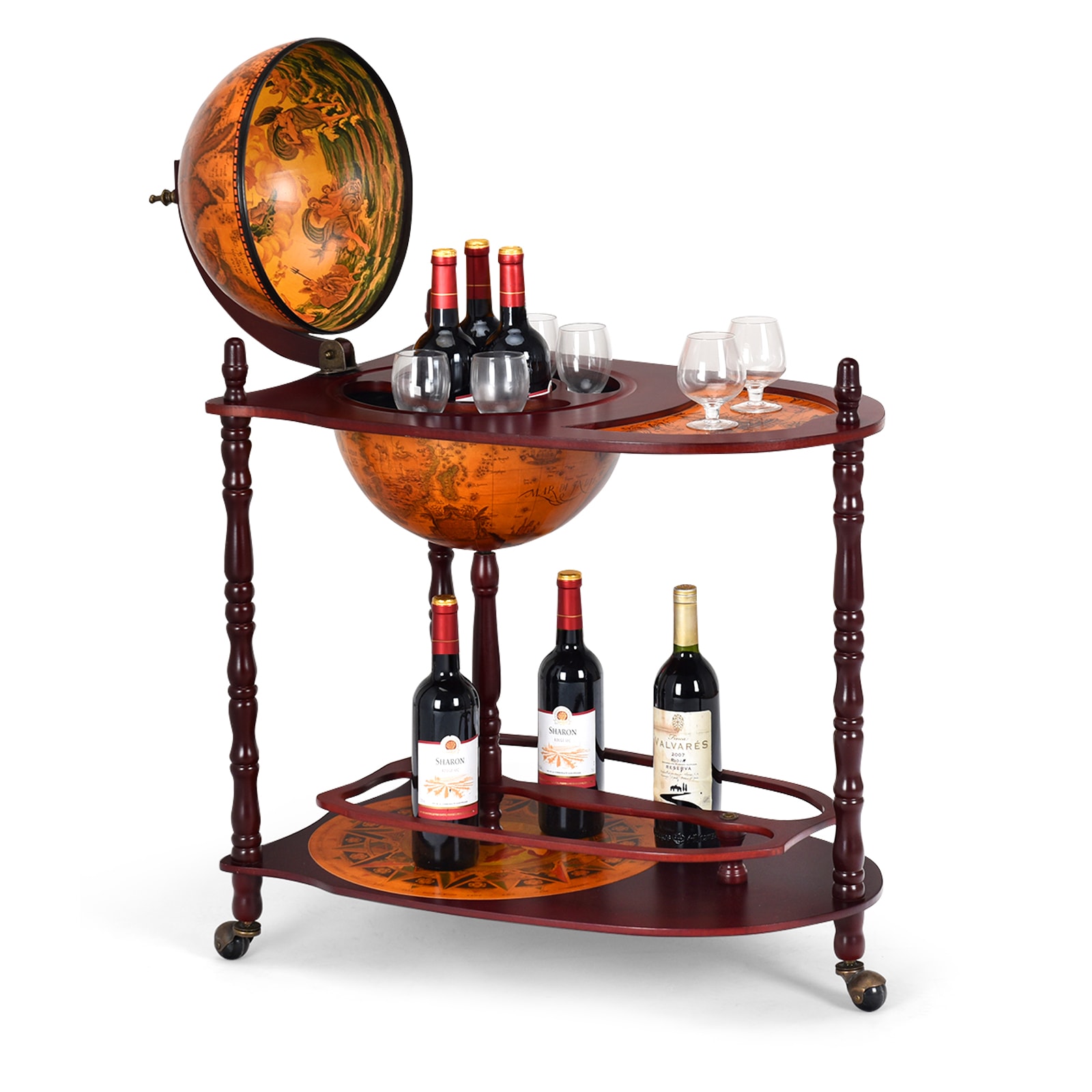 Slickblue 27.5 Inch Modern Wine Cabinet Brown and Multicolor Wood Globe with Wheels