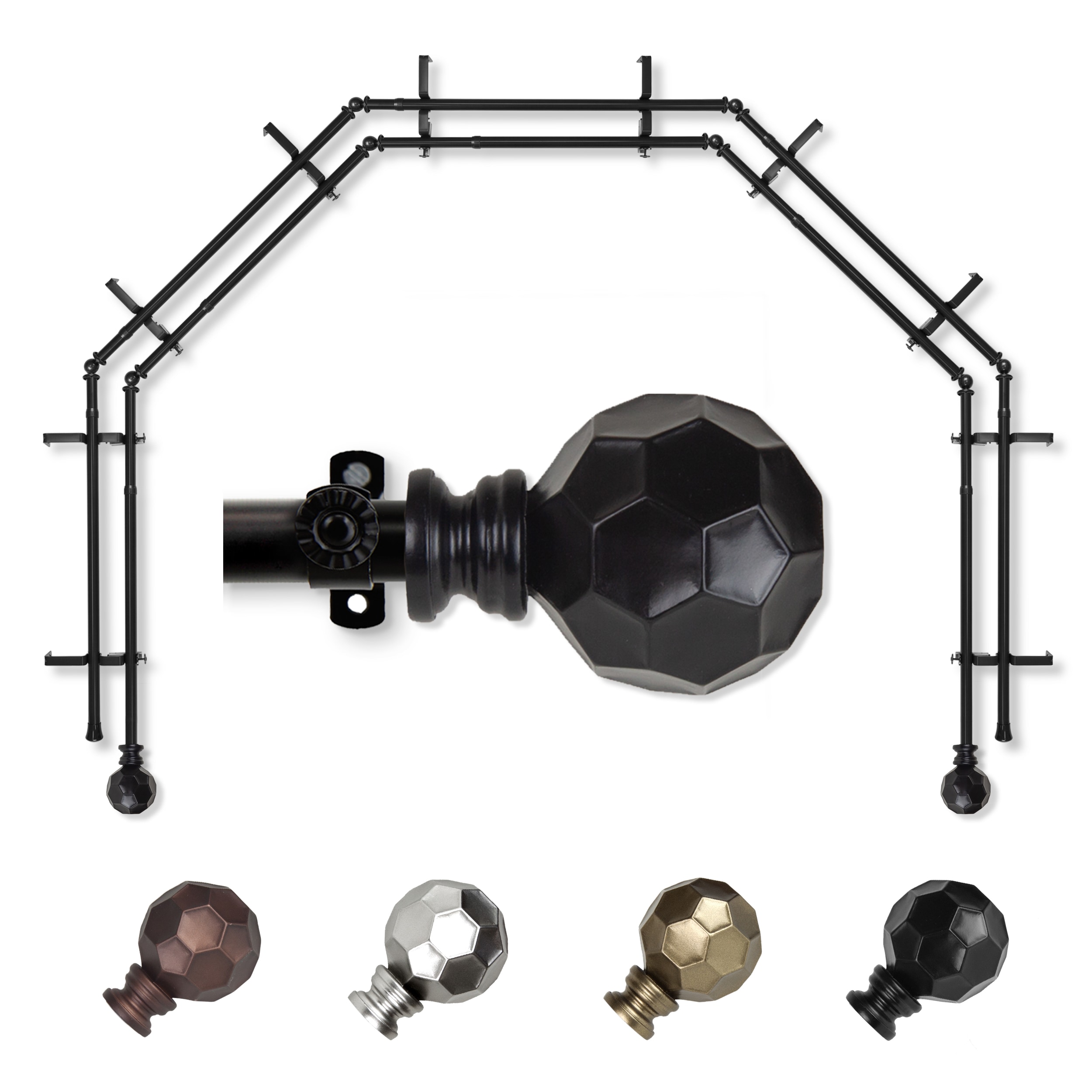 Hart & Harlow L-5BAY-90-2D Massimo 5-Sided Double Bay Black Steel Bay window curtain rod with Finials